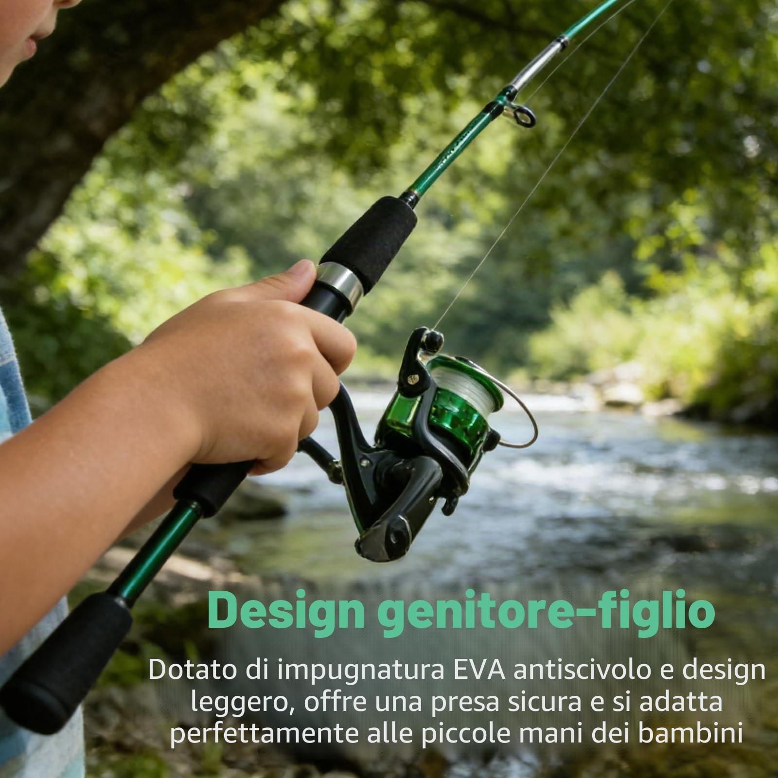 PORFOYO Set da pesca per bambini, canne da pesca telescopiche da 1,8 m con mulinello, portatile, 2 pezzi, rosso/verde, per principianti, 3-10 anni