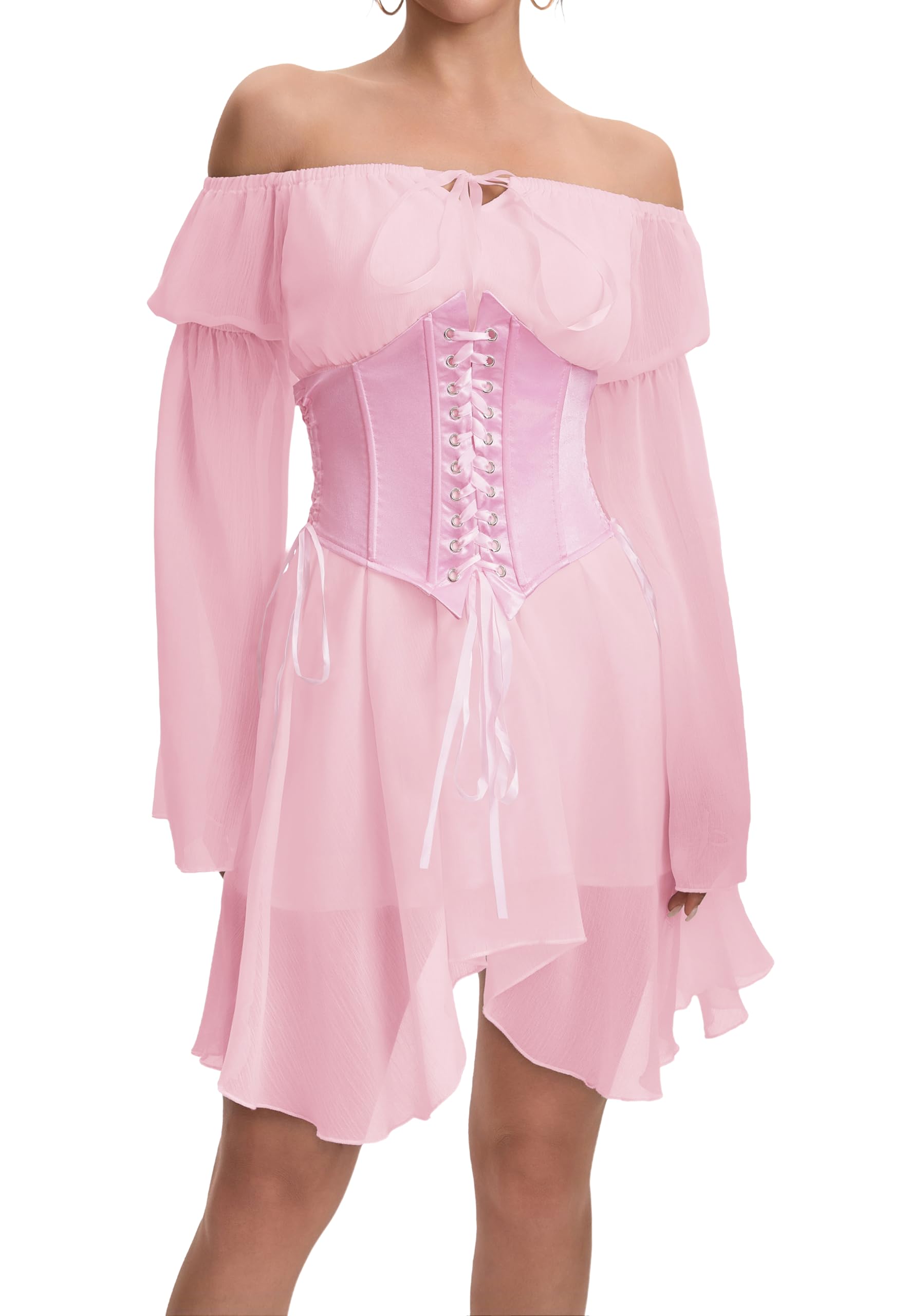 TSMNZMU Womens Two Piece Sets Corset Dress Off Shoulder Bell Sleeve Chiffon Dresses Lace-Up Mini Bustier Party Dress