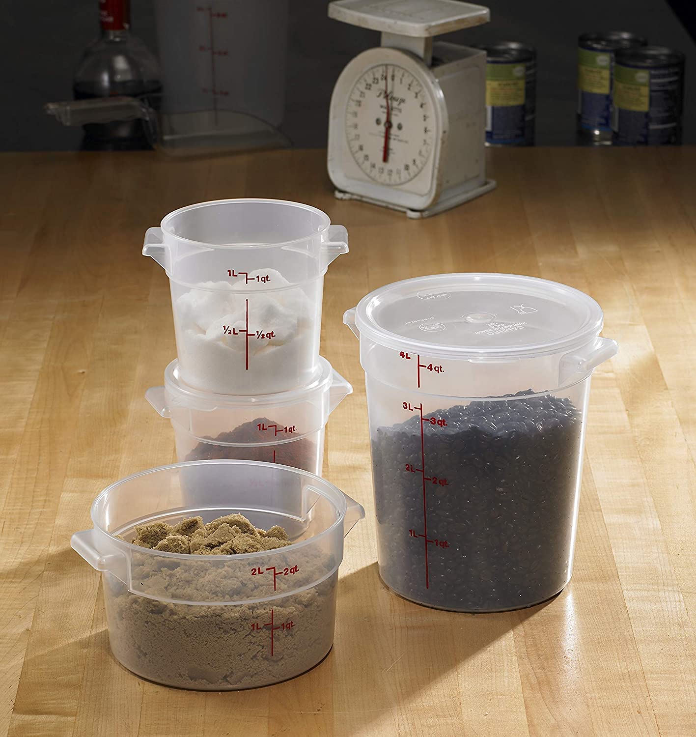 Lumintrail Cambro runde Frischhaltedosen, 2 Liter, transparent, mit einem durchscheinenden Deckel, Bündel mit einem Messlöffel-Set