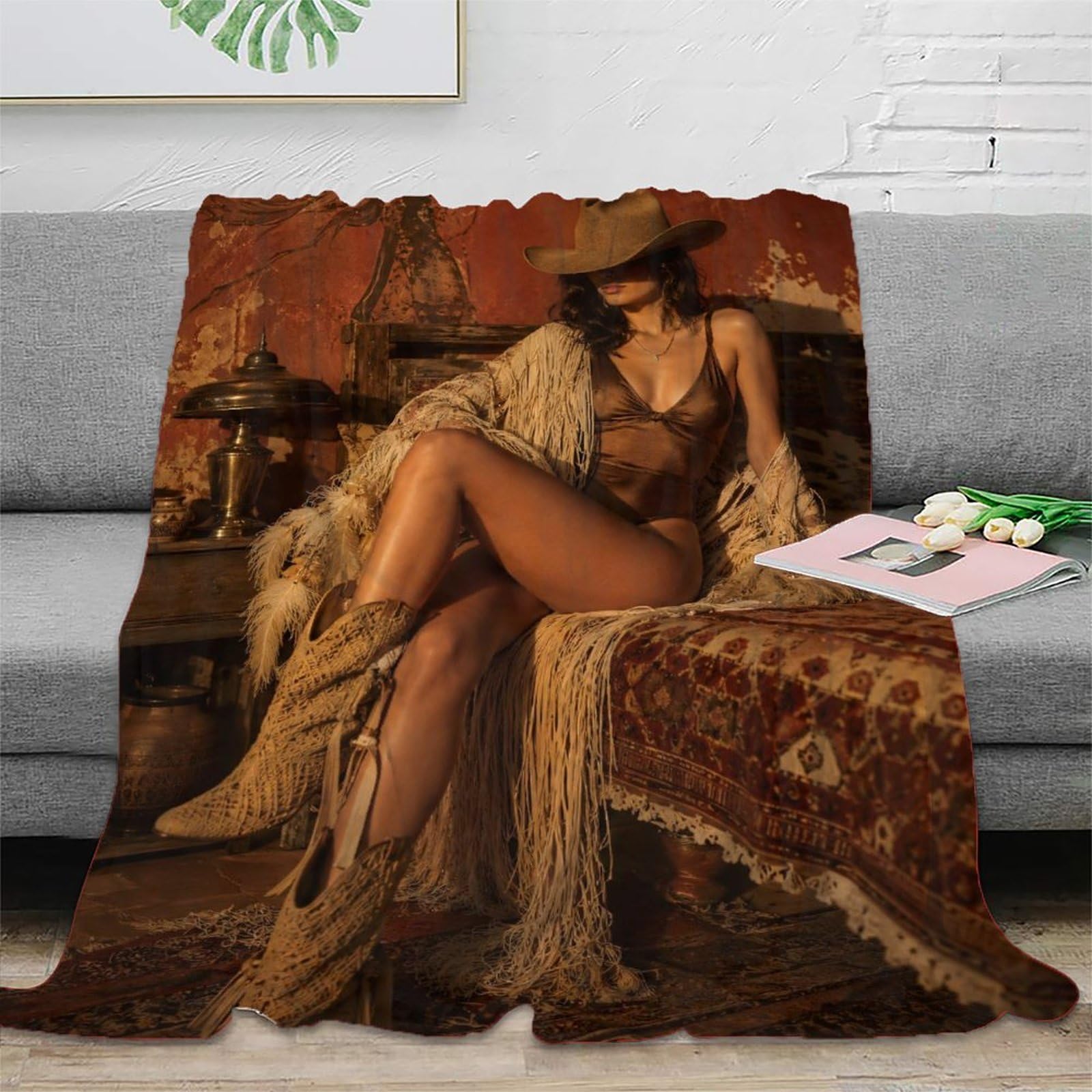 W7C8U2X3 Western Cowgirl Portrait Blanket, Flannel, Nap, Boho Country Style