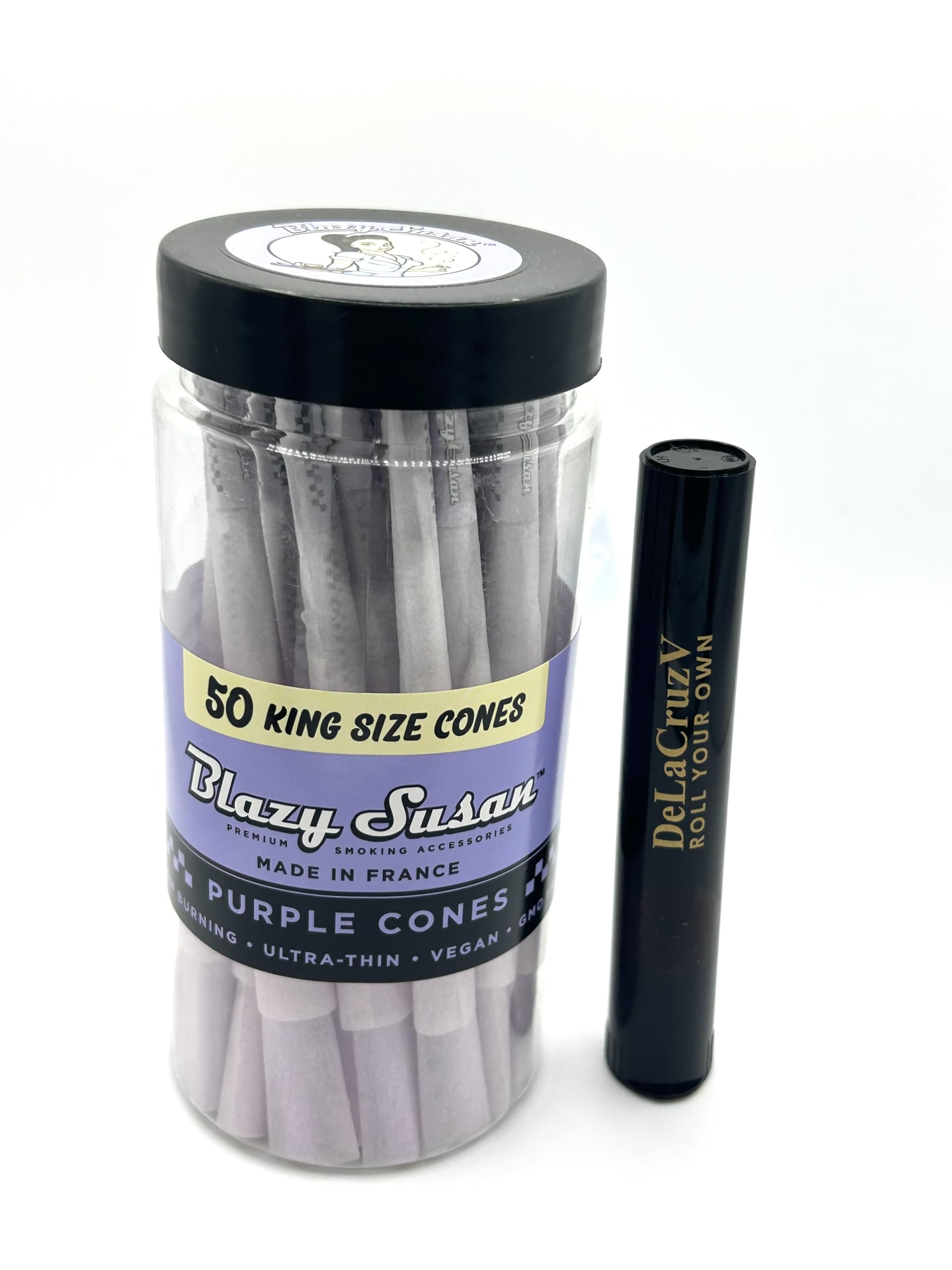 Blazy Susan Pre-Rolled King Size Purple Cones 50 Counts per Jar with DeLaCruzV Tube.