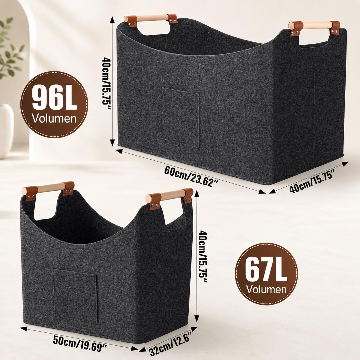 Cesta para Leña 2 Unidades, de fieltro Fieltro extra grueso y asa reforzada, plegable Bolsa, con bolsillo frontal, 67L & 96L, 50×32×40 cm 60×40×40 cm, Guardar Periódicos la Chimenea