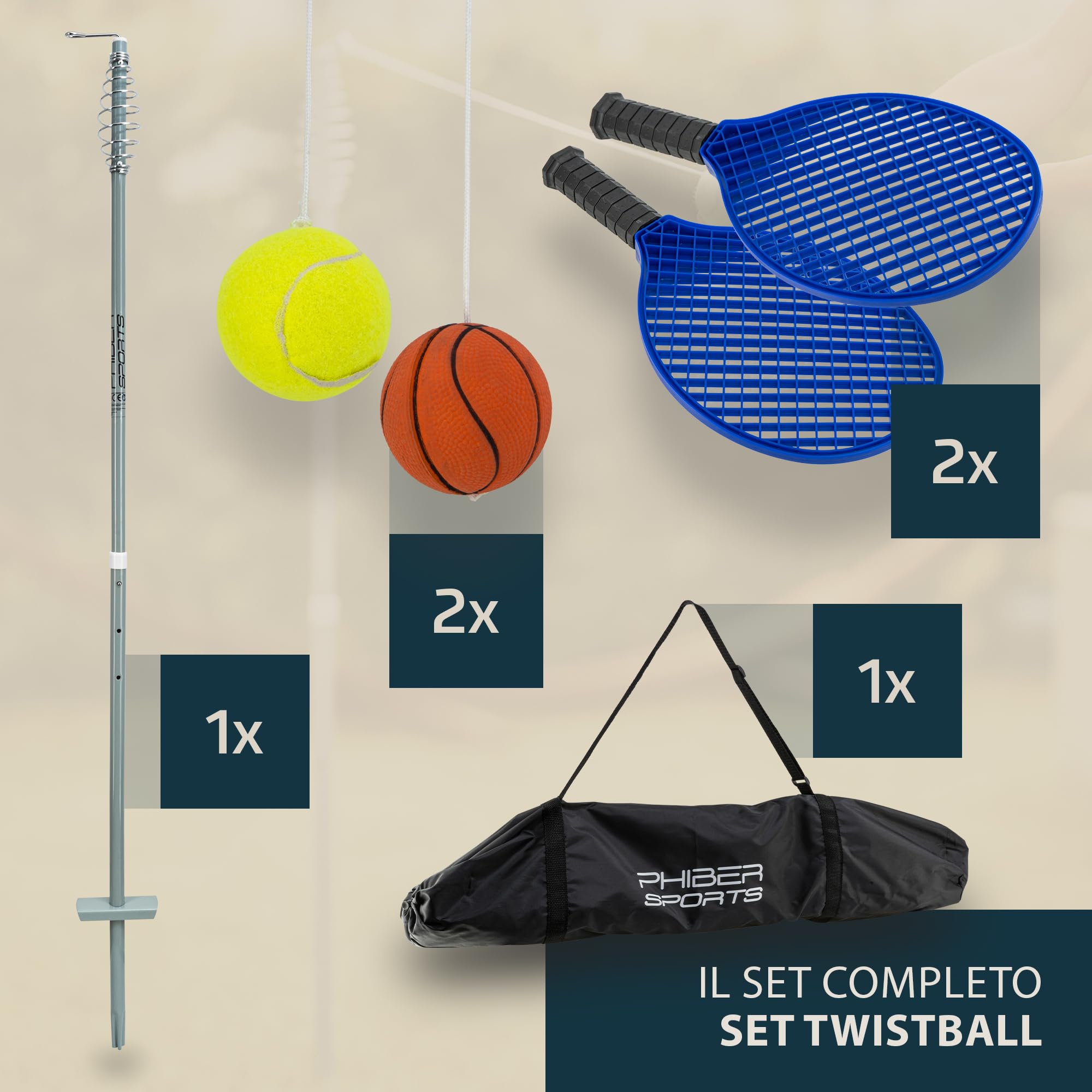 PHIBER-SPORTS Twistball Set [2026 Migliorato Modello] – Durevole Grazie alle Parti migliorate – Swingball per Bambini e Adulti – Palla da Tennis su Corda, Tennis Trainer Gioco Giardino e all'aperto