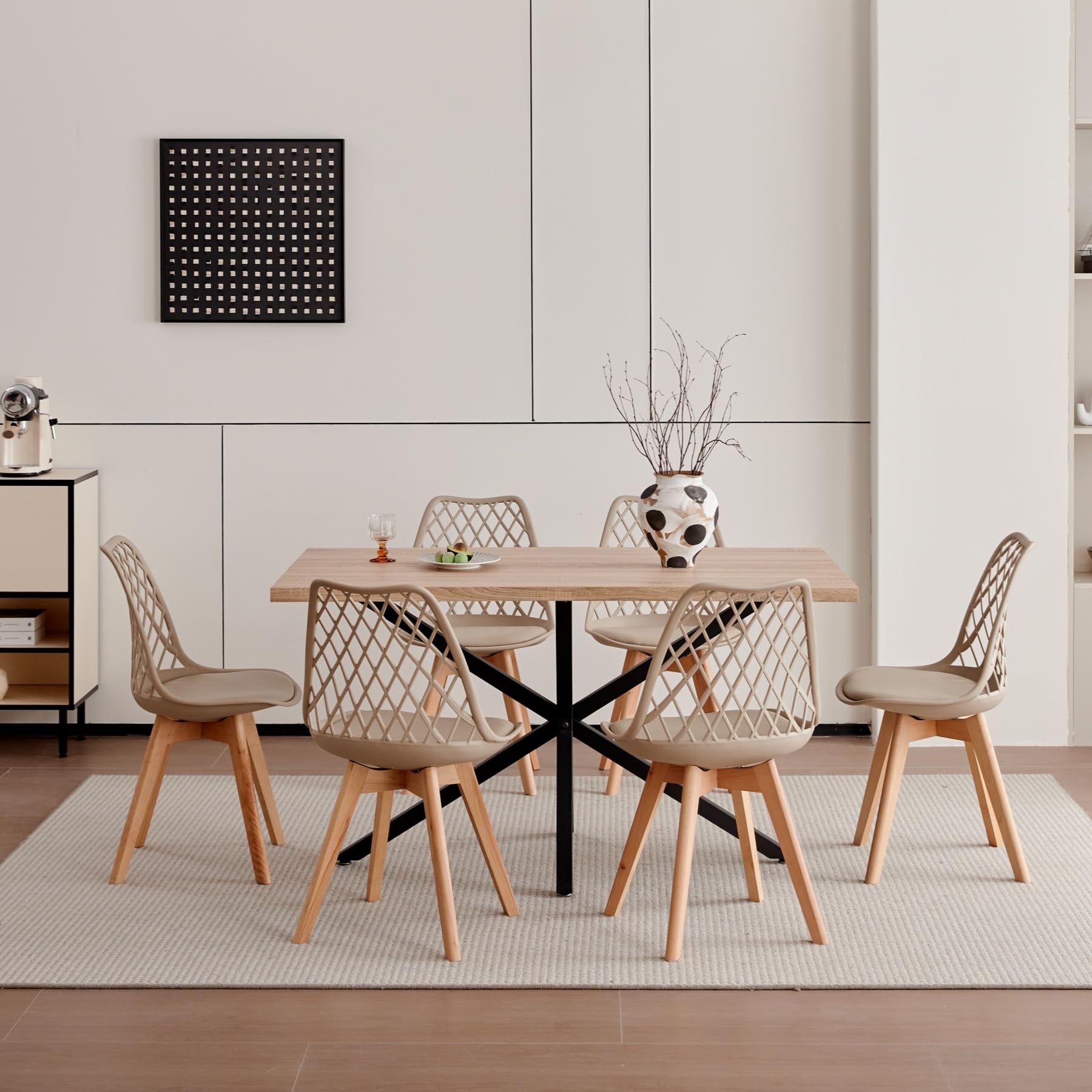Set di 6 Sedie da Sala da Pranzo, Sedia da Cucina con Schienale in Rete Cava e Gambe in Legno di Faggio, Sedia da Soggiorno con Cuscino Morbido in Pelle PU - Cachi
