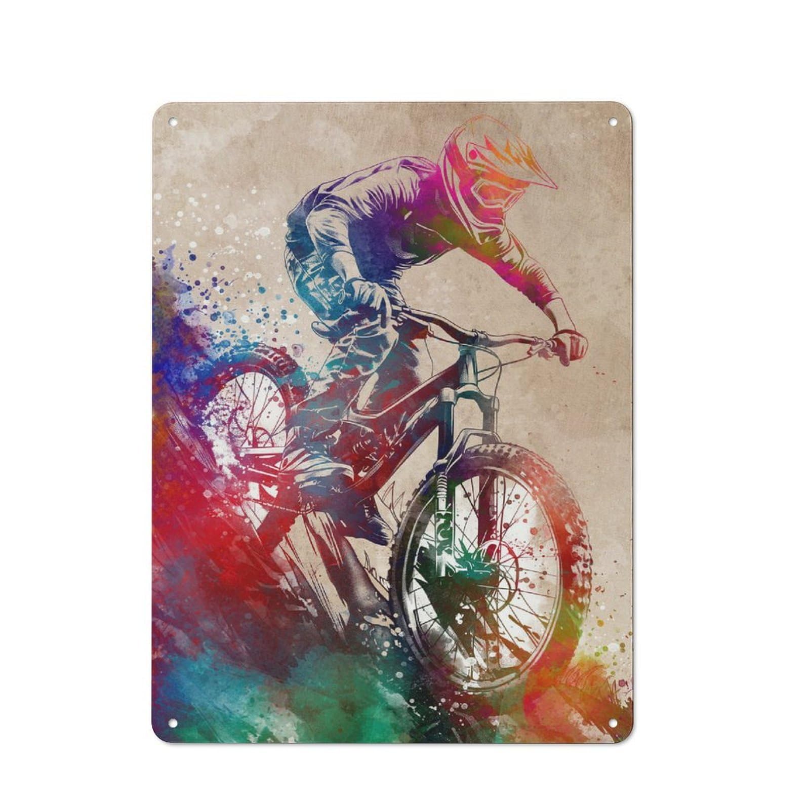 Mountain Biker Watercolor Warehouse Style Metal Wall Decor 40x30cm, Metal Wall Sign for Workspace, Cafe, Hallway Or Garage