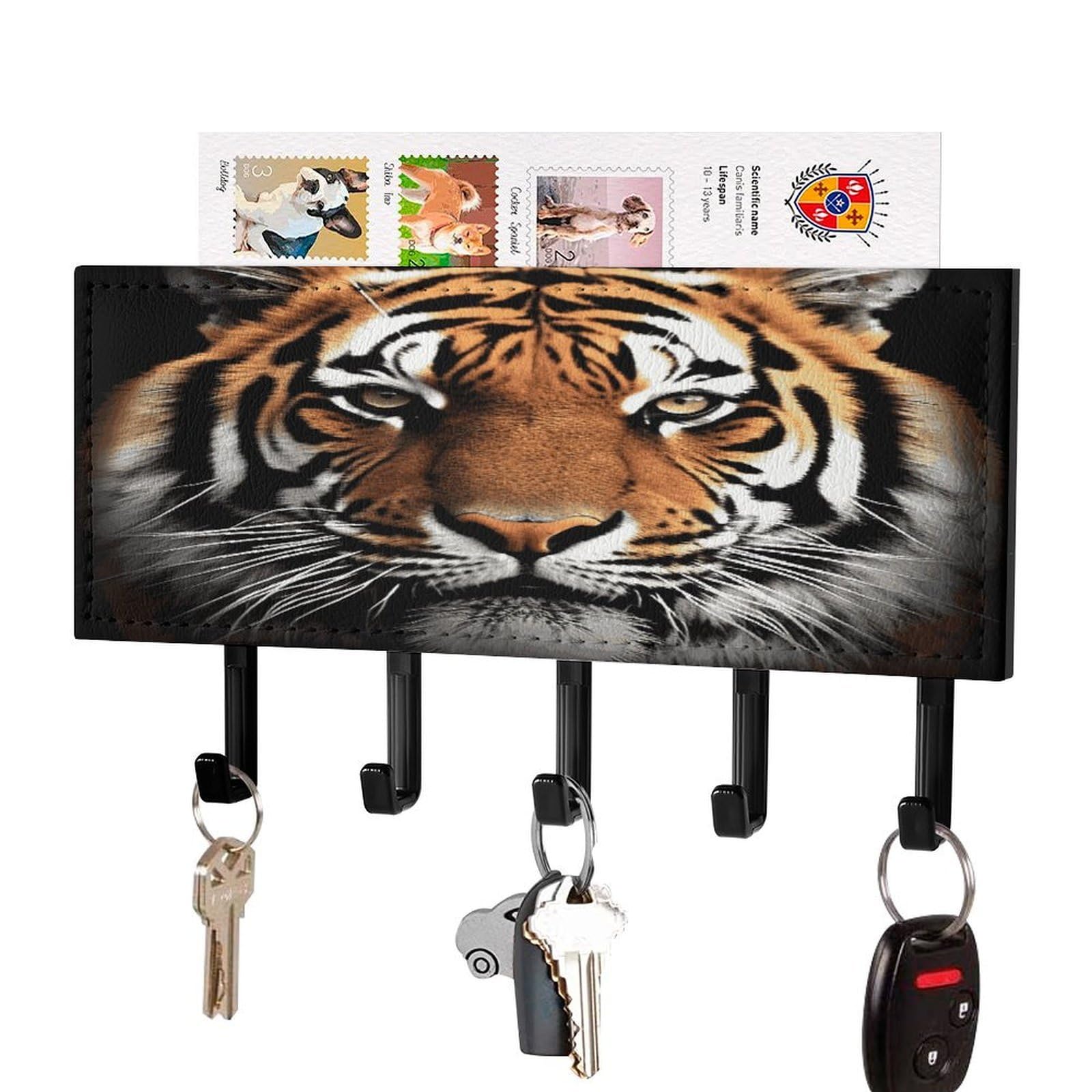 LDGSUPH Tiger Face Key Holder Wall Mount Key Hanger with 5 Hooks Fashion Key Organizer Rack Hanging Key Hooks with Mail Organizer Key Rack for Home Entryway Hallway Black-Style