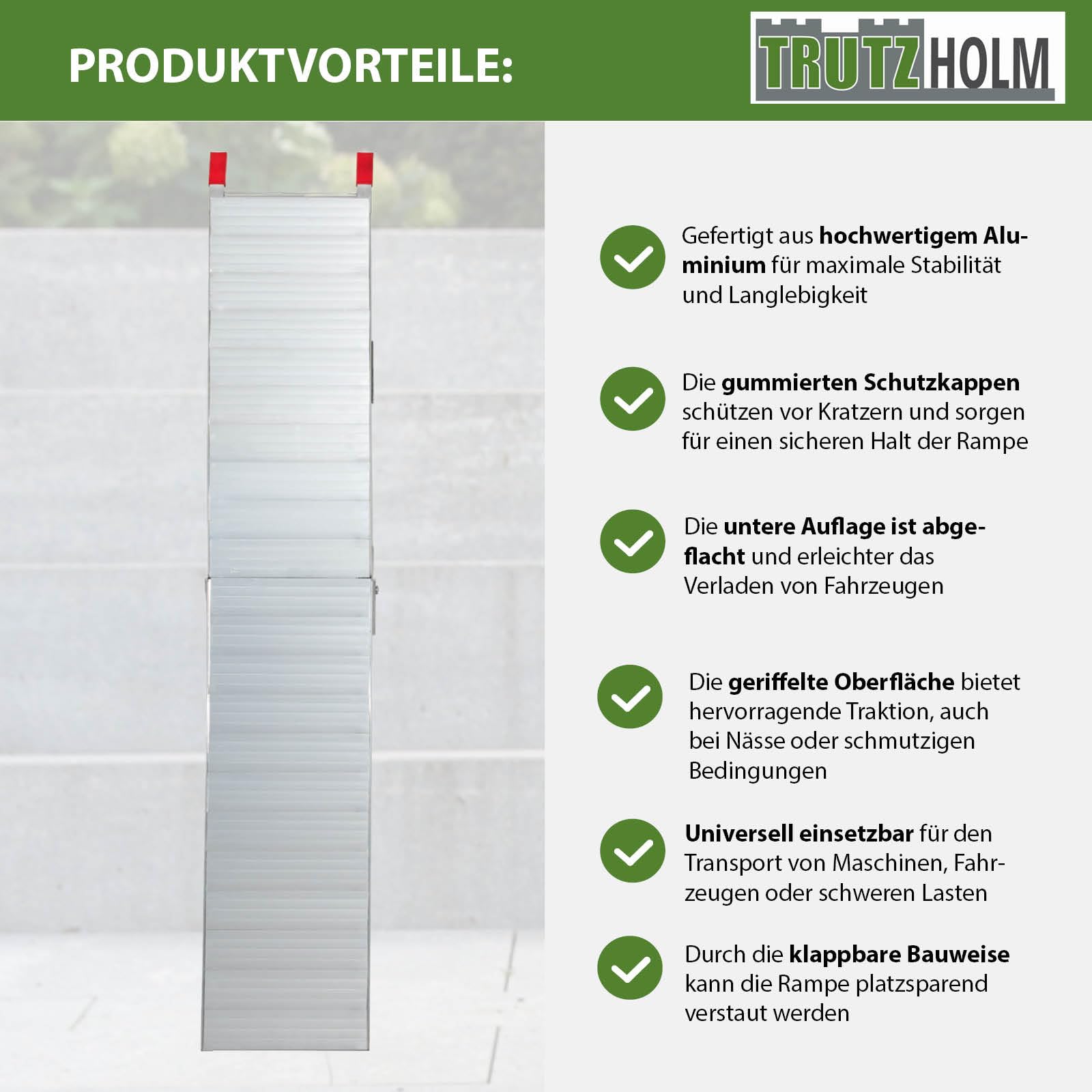 TRUTZHOLM Auffahrrampe Alu klappbar 205 cm 340 kg Traglast rutschfeste Lauffläche Breite 28 cm Faltbare Motorradrampe extra leicht Verladerampe mit Stabiler Konstruktion inkl. Spanngurt
