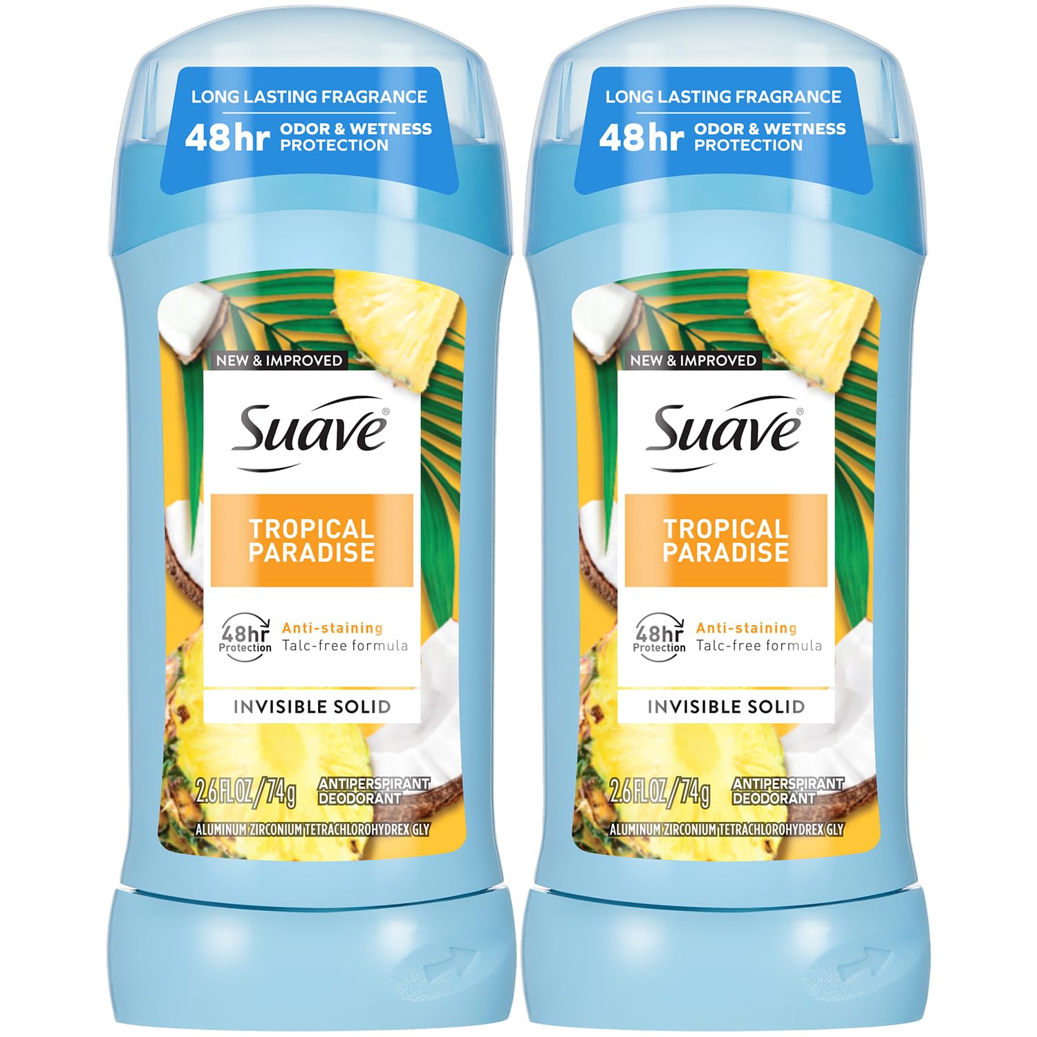 Suave Antiperspirant Deodorant for Women, Tropical Paradise 2-Pack – Anti-Staining Invisible Solid Sticks, Talc-Free, 2.6 Oz Ea