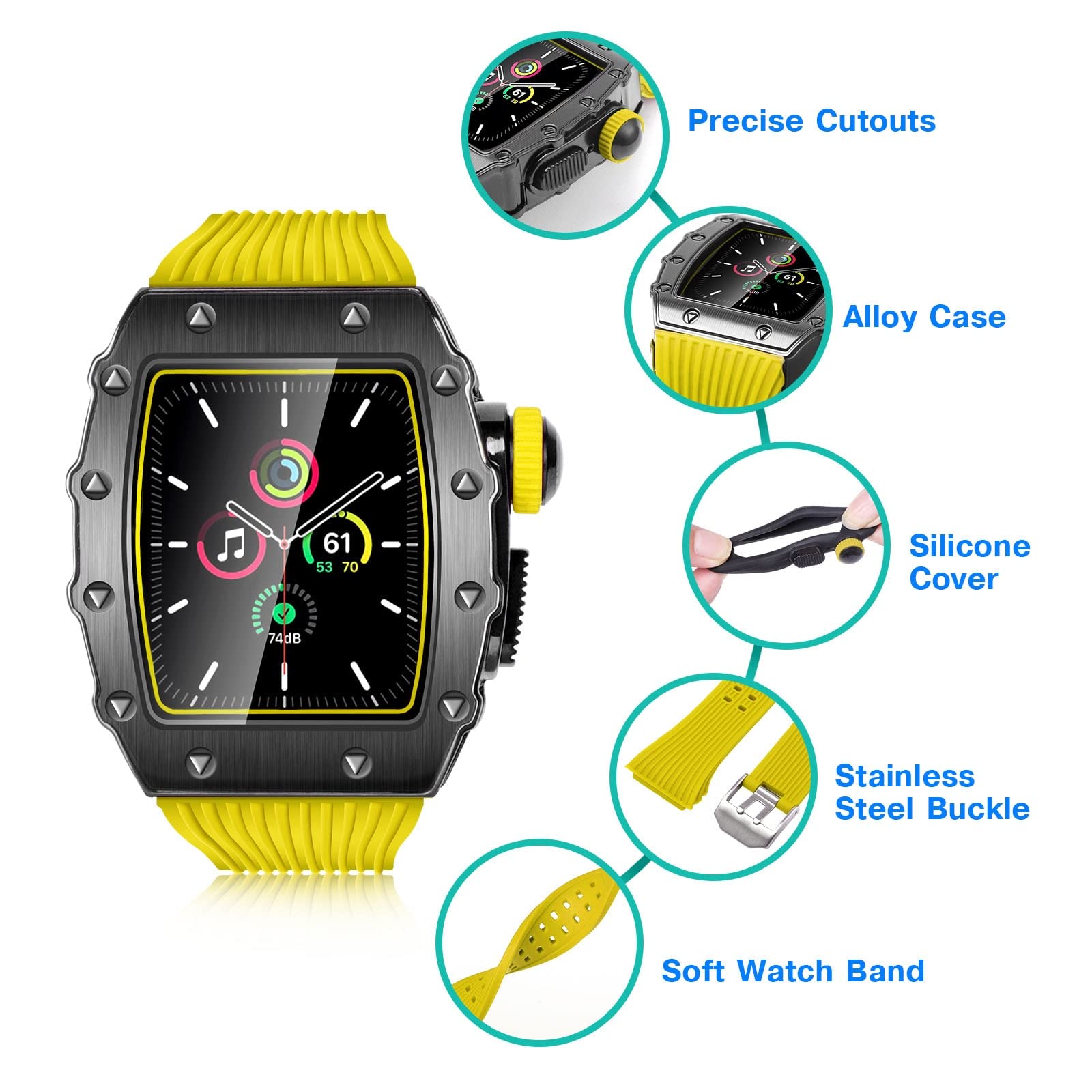 SCHIK Luksusowe metalowe etui + hartowana folia do Apple Watch Band 44 mm, 45 mm, sportowy silikonowy pasek do iWatch serii 8, 7, 6, SE, 5, 4, zestaw modyfikacyjny