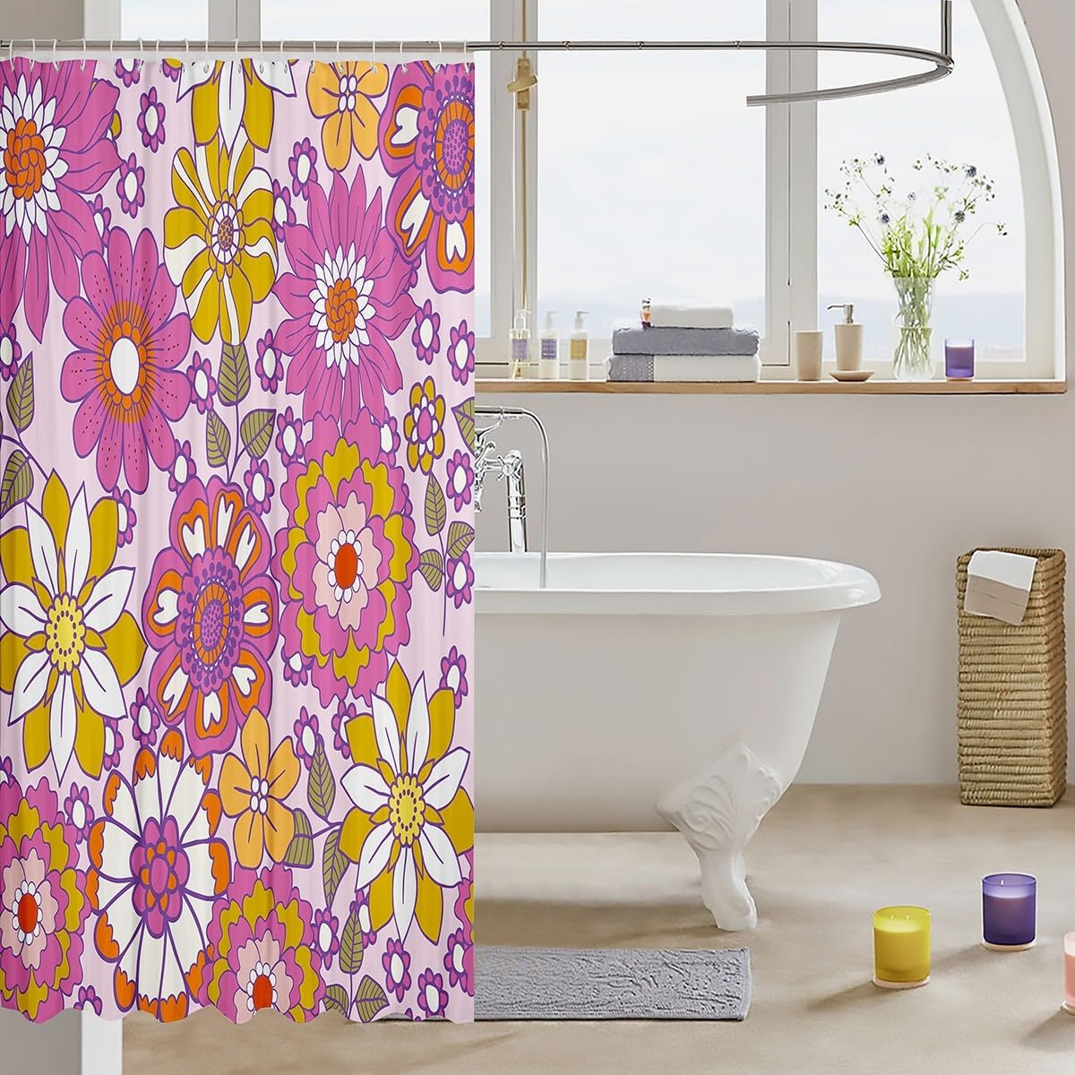 Erosebridal Kids Retro 60S Floral Bathroom Curtain 72" Wx78 L,Kawaii Groovy Flower Power Shower Curtain for Teen Girls Room Cute Vintage Boho 70S Flowers Bath Curtain Colorful Blossom Curtain Sets