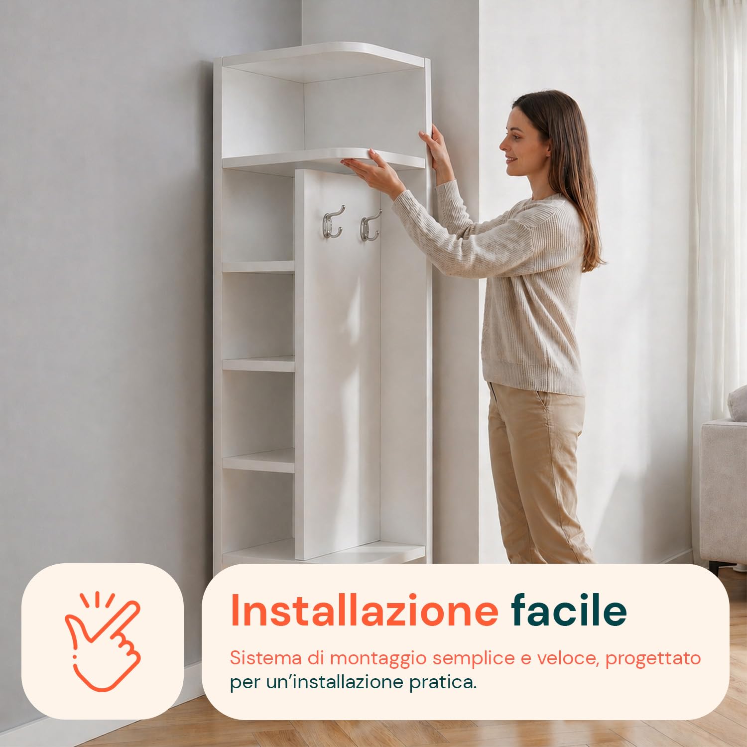 Avilia - Scaffale Angolare Bianco a 7 Livelli – Libreria Verticale Salvaspazio h 180 cm – Mobile ad Angolo con 2 Ganci Laterali Appendiabiti – Struttura Robusta per Soggiorno, Bagno e Ingresso – 30x30