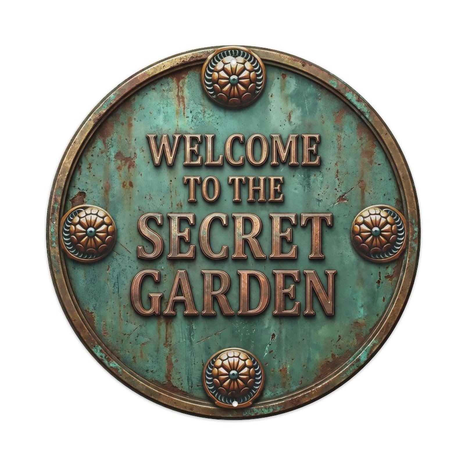 Vintage Welcome Secret Garden Brass Spruce Bergamot Metal Tin Sign