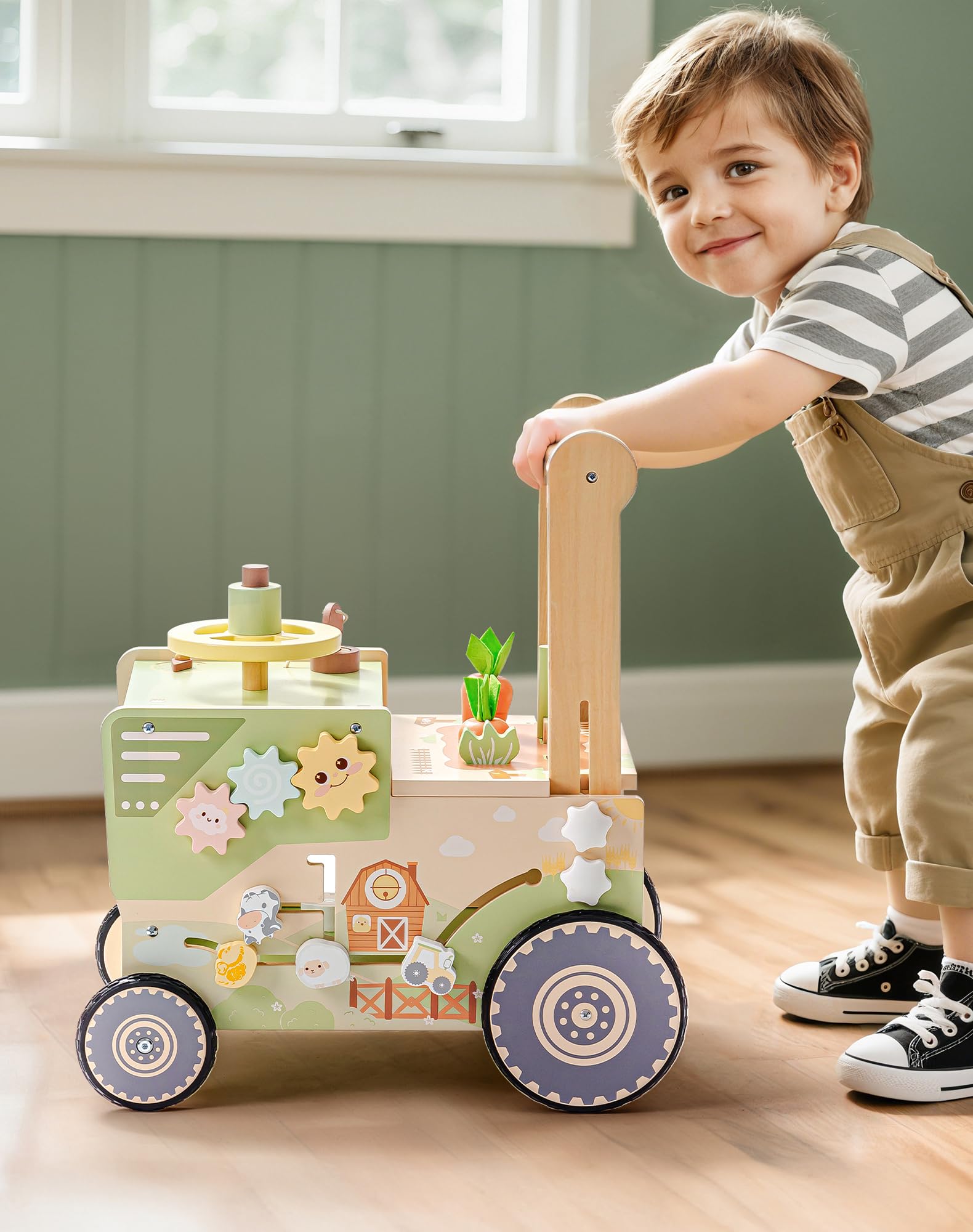 ROBOTIME Girello giocattolo in legno per bambini, con ruote, centro attività a tema fattoria per ragazze e ragazzi, velocità regolabile per imparare a camminare