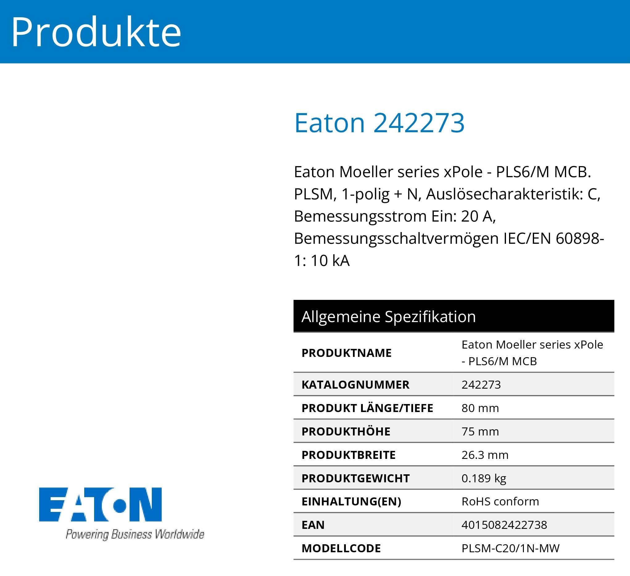 Eaton PLSM-C20/1N-MW Leitungsschutzschalter 20A 1P+N 1-polig+N C-Charakteristik LS-Schalter (242273 alt 244801)