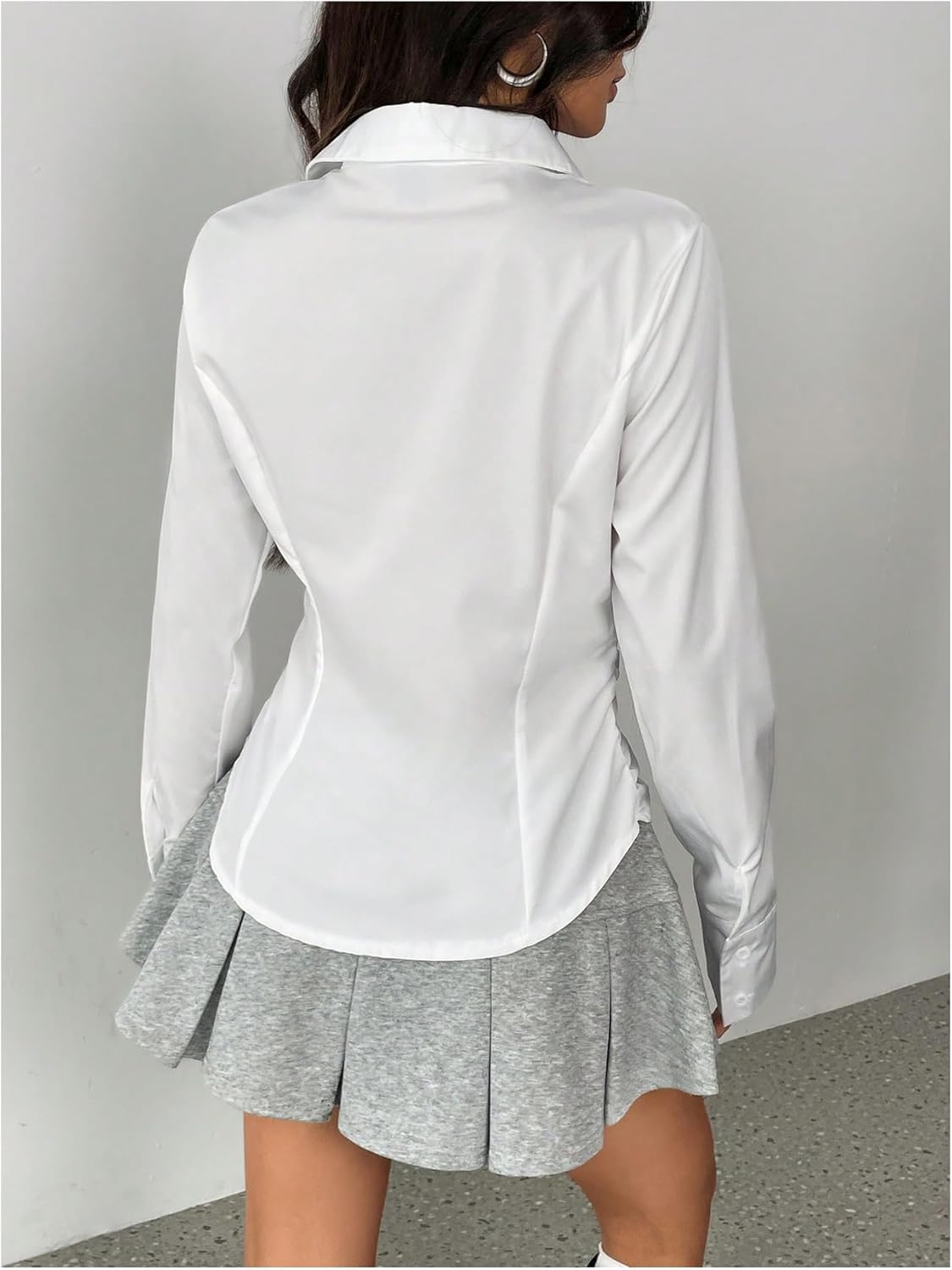 Women's Ruched Collared Blouses Long Sleeve Button Down Shirts Y2K Elegant Fitted Fall Top - Image 2