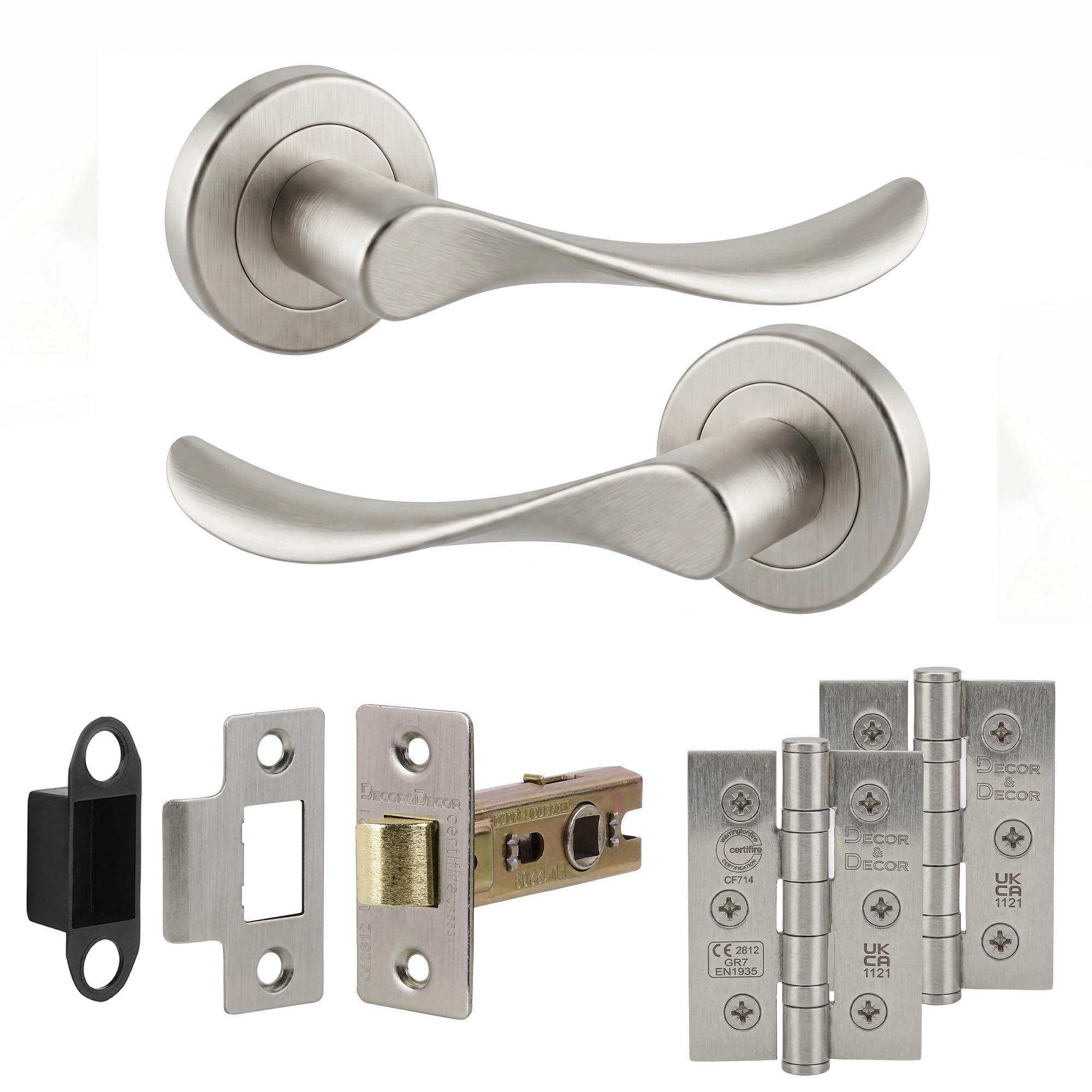 Decoranddecor Brushed Chrome Door Handle Levers Aluminium Alloy Handles Lever with Fixings and Accessories (Latch and Hinge Kit) โ image 1
