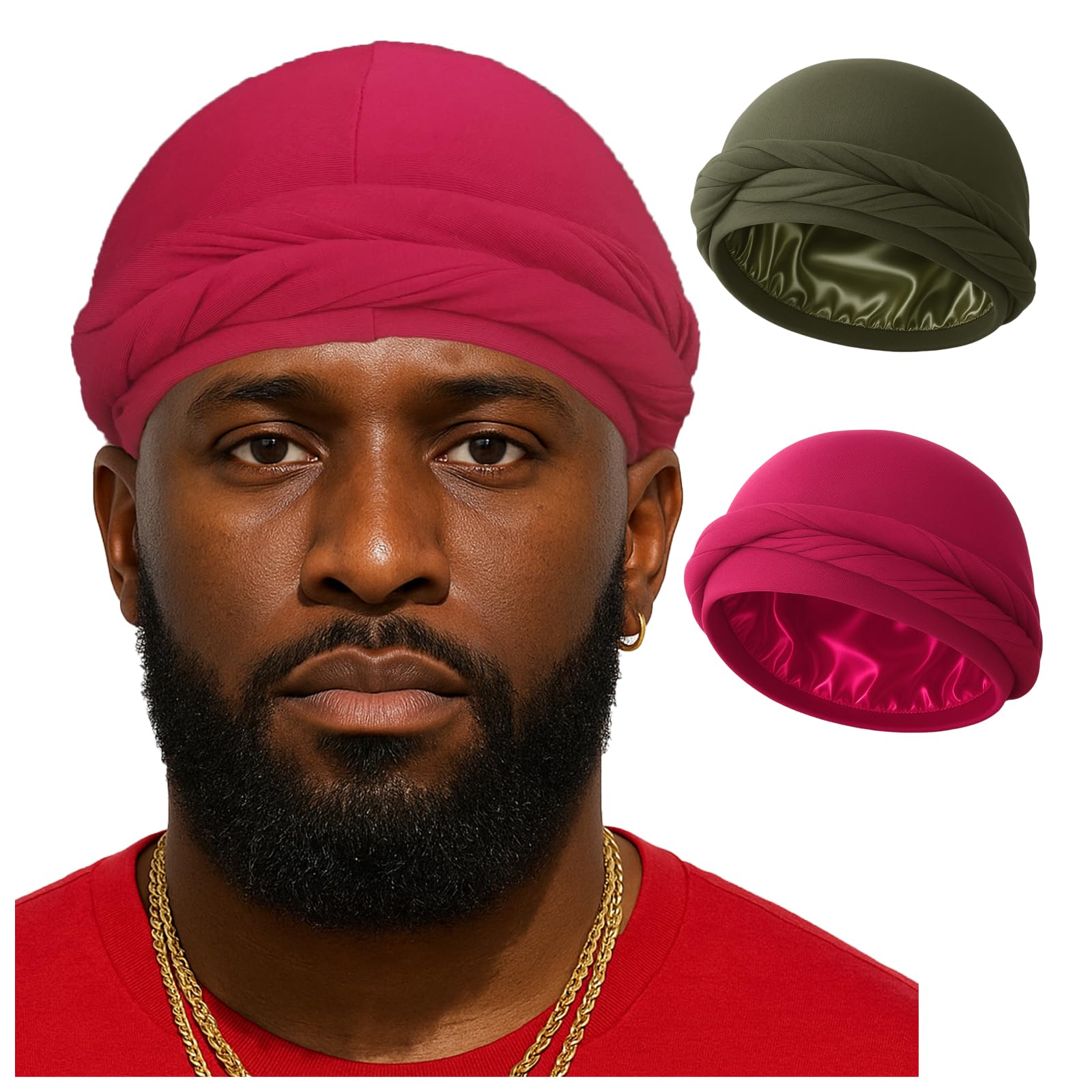 Upgraded Halo Turban Durag for Men &Women, Pre-Tied Skull Cap, Hair Loss Hat Silk-Lined Headwraps, Sleeping Bonnet (L,Olive+Burgundy)