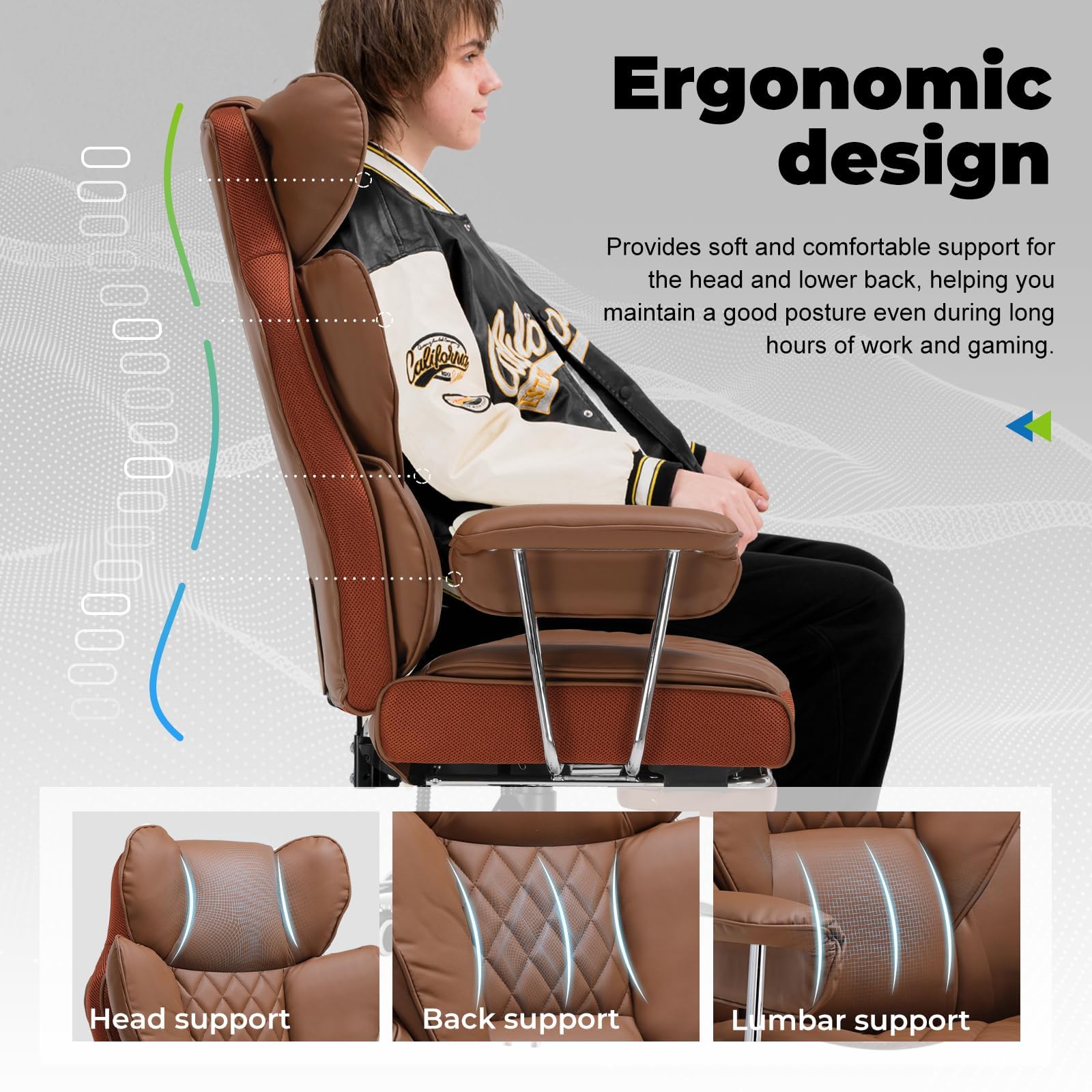 COMHOMA Big and Tall Gaming Chair with Pocket Spring Lumbar Support, Ergonomic Office Chair with Footrest, Executive Desk Chair with Outward Fixed Soft Armrests, Computer Chair with High Back,: Light Brown