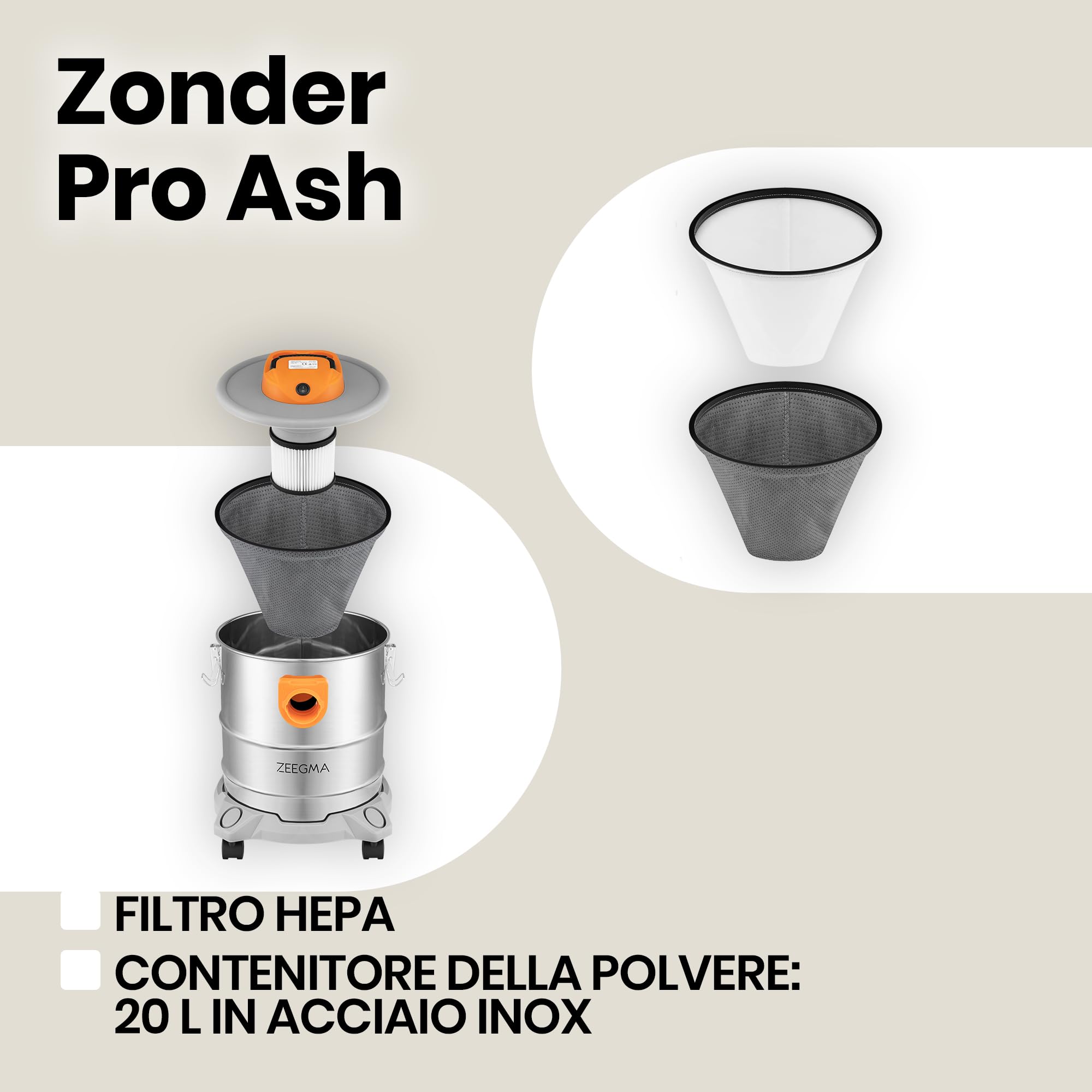 Zeegma ZONDER PRO ASH Aspirapolvere a secco per cenere e detriti, aspirapolvere industriale 1600 W, contenitore in acciaio inox 20 l, filtro HEPA, funzione di scarico cavo 5 m
