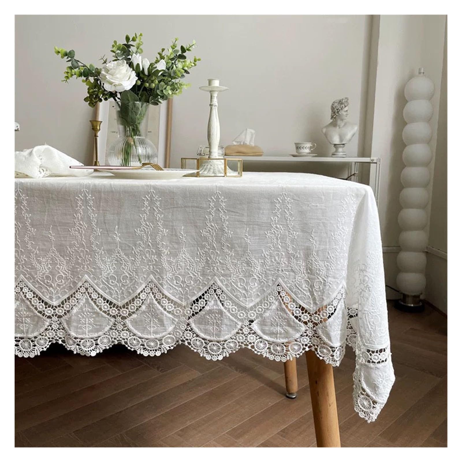 NJIEzhao Embroidered Lace Tablecloth Retro White Flower Embroidery Lace Tablecloth Palace Style Light Romantic Dining Table(130 * 130cm)