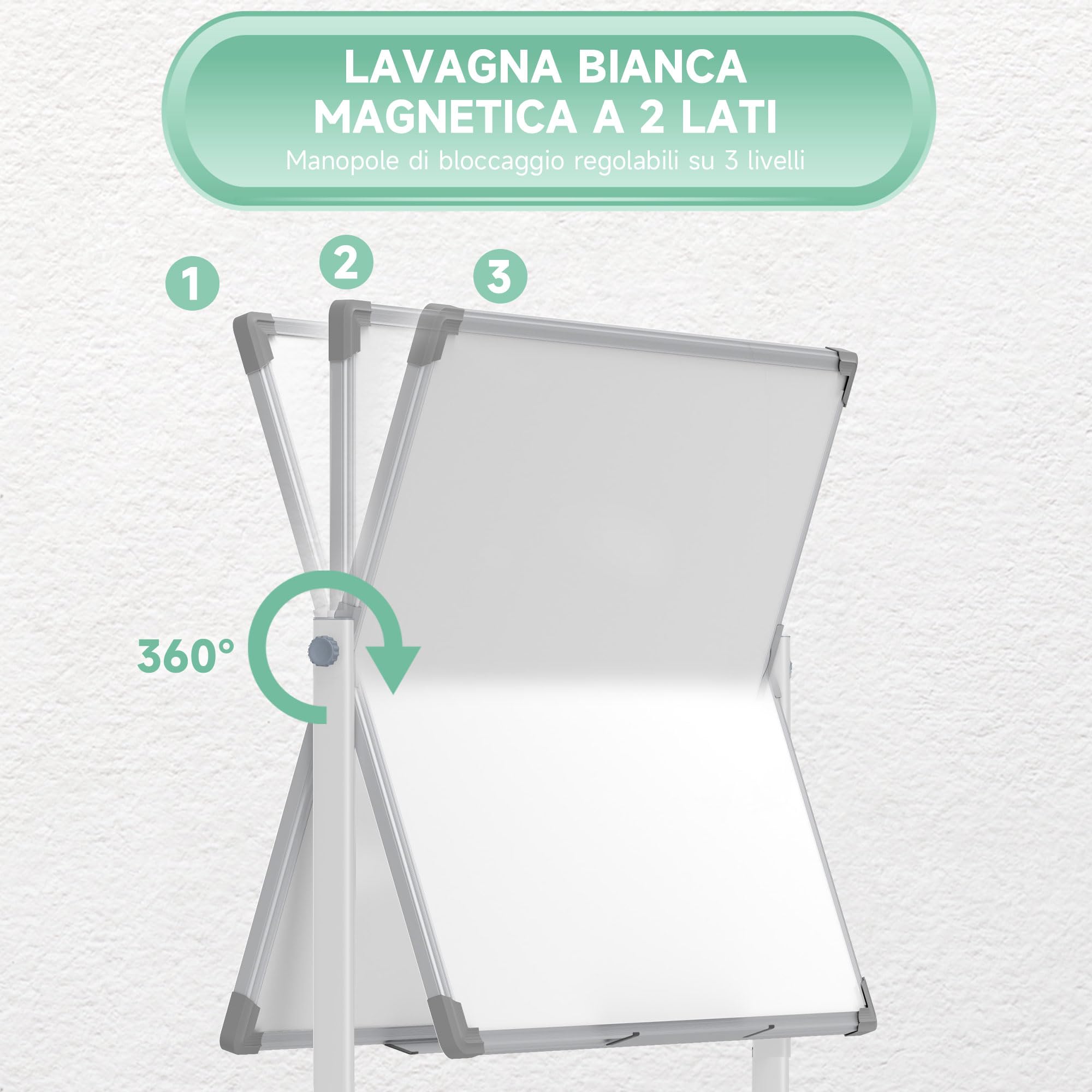 HOMCOM Lavagna Magnetica Bianca a 2 Facce 120x90cm, Lavagna Cancellabile a Secco Girevole a 360° 3 Livelli Regolabile con Supporto, Ruote, Cancellino, Pennarelli, Magneti, Vassioio per Ufficio Scuola