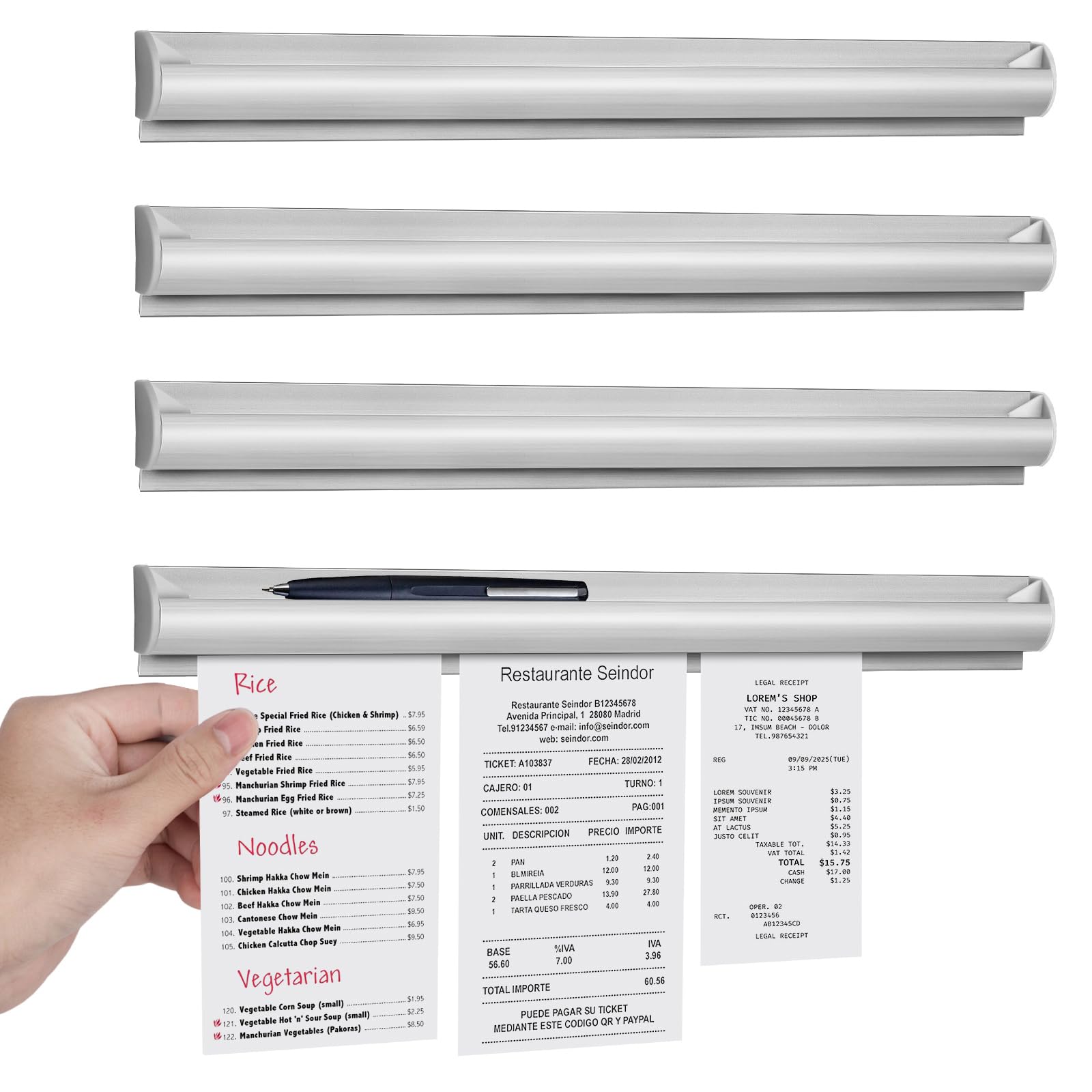 AYZTKUX 4 Pack Restaurant Ticket Holder Strip - 16 Inch No Drill Order Receipt Organizer for Kitchen, Office, Cafes, Pubs, Bars (Aluminum)