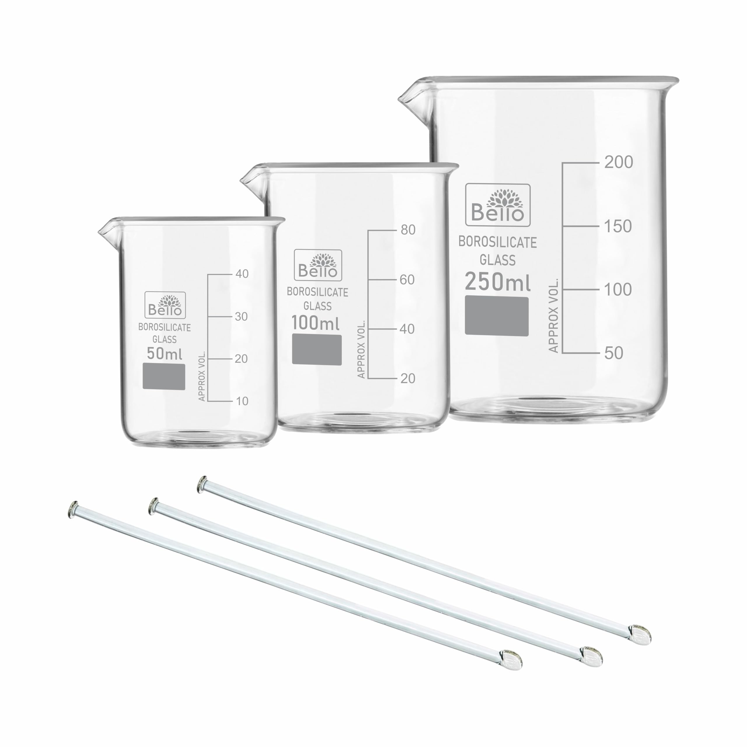 Bello Borosilicate 3.3 Glass Beaker 50ml, 100ml, 250ml With Stirring Rod 200mmX6mm 3pcs Pack of 6 For School College Lab Laboratory Etc-image-6