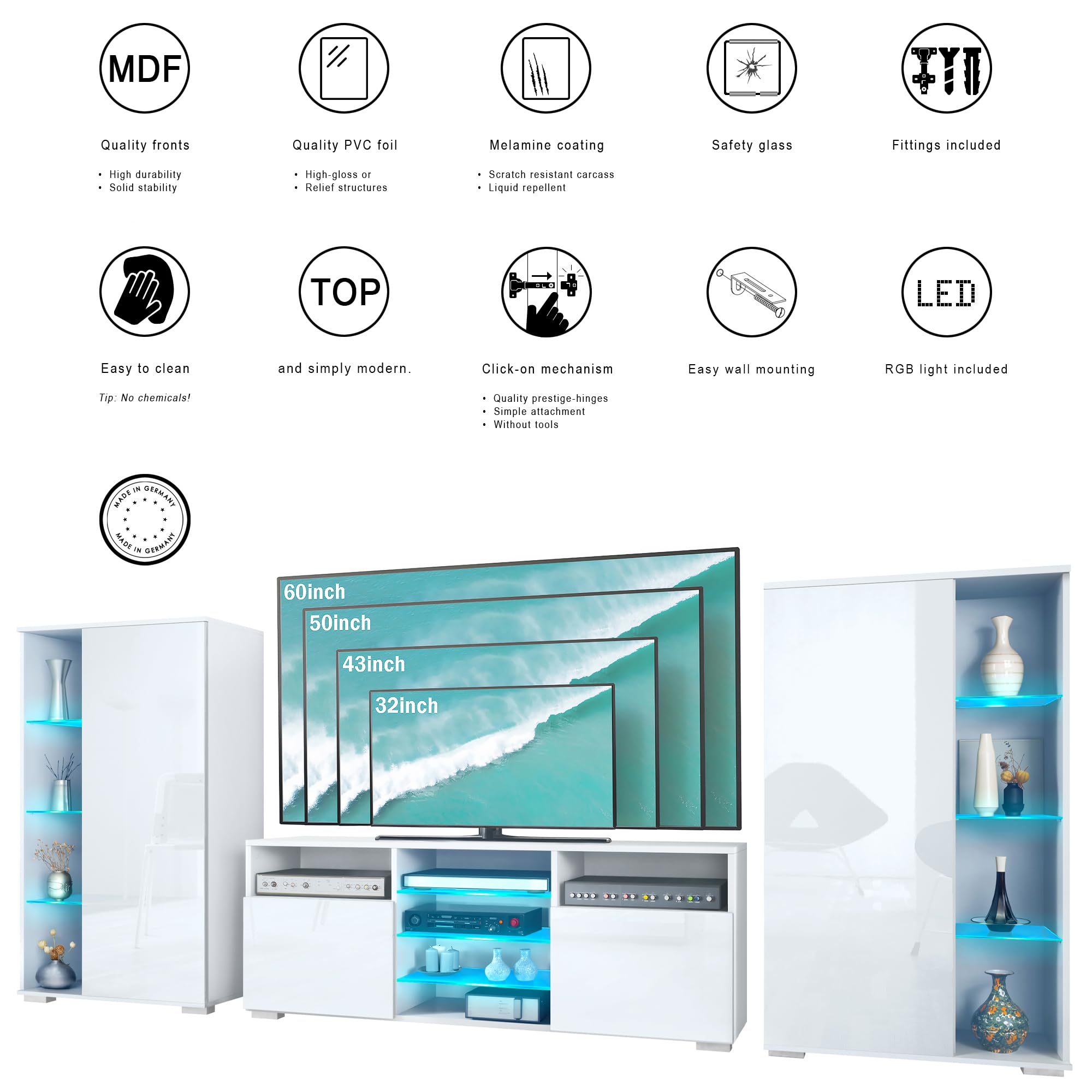 Vladon Mobile Parete Davos per Soggiorno, Composto da 2 vetrine e 1 Mobile TV, Bianco Opaco/Bianco Lucido incl. Illuminazione a LED (329 x 134 x 35 cm)