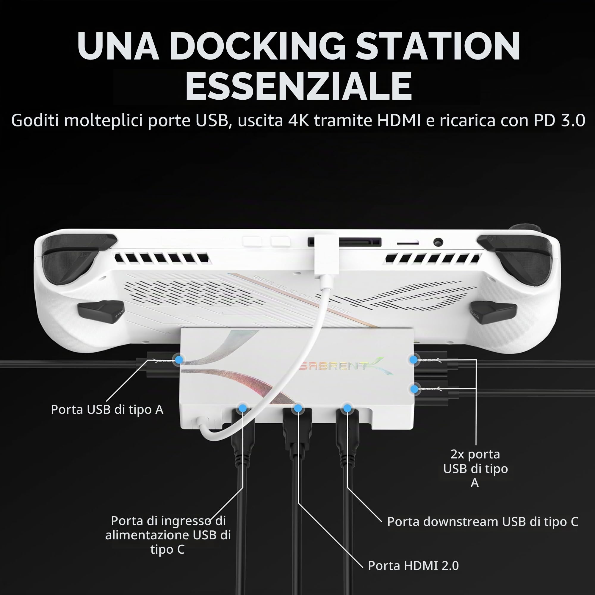 SABRENT Docking Station per Asus ROG Ally, 6 porte USB Type-C, HDMI 4K@60Hz, porte USB 5Gbps, Power Delivery, design compatto per giochi (DS-RA6P)