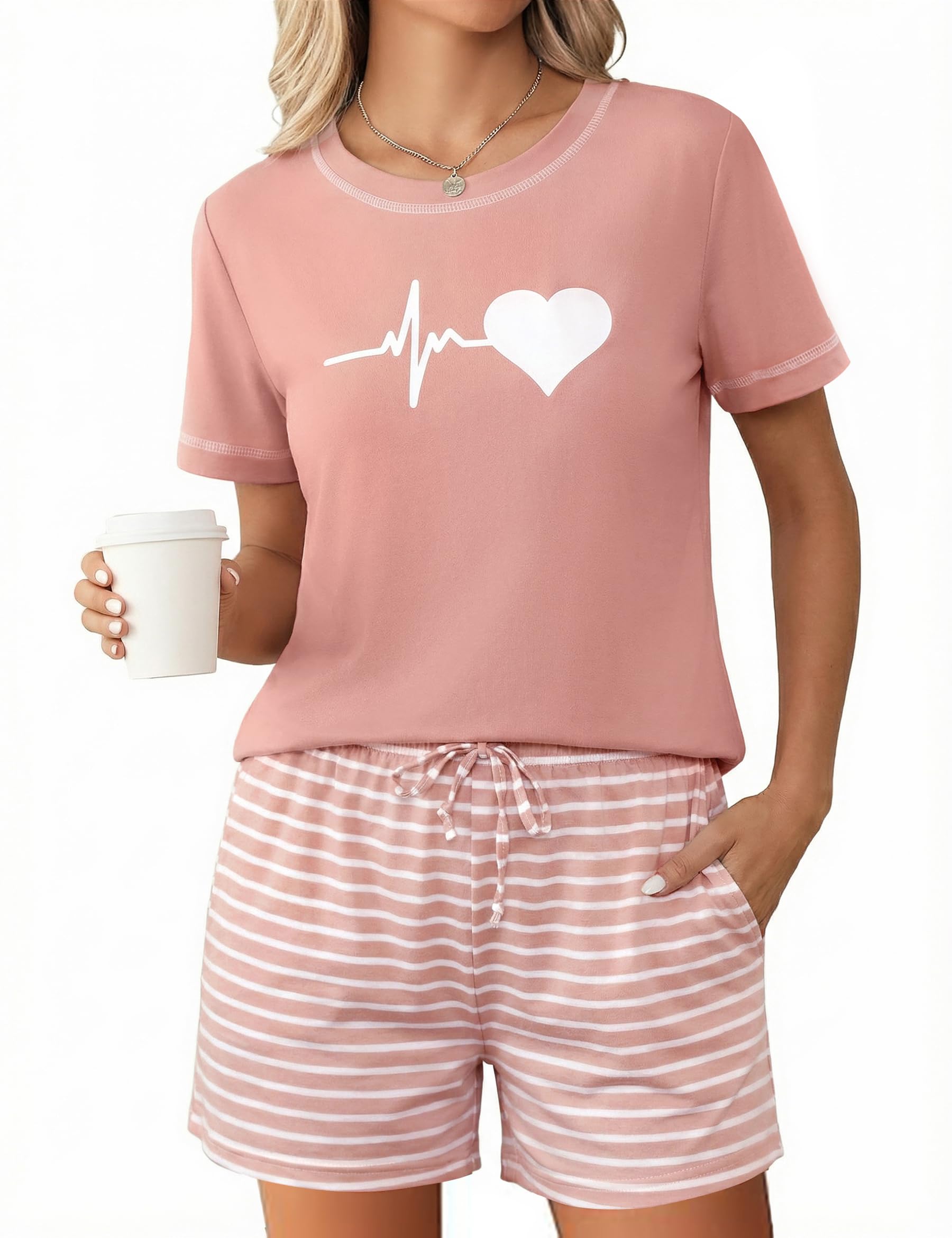 Leversic Damen Schlafanzug Kurz Pyjama Set aus Baumwoll-Mix, Sommer Nachtwäsche Zweiteiler mit Print-Motiv, Kurzarm Shirt und Shorts Loungewear Set für Frauen