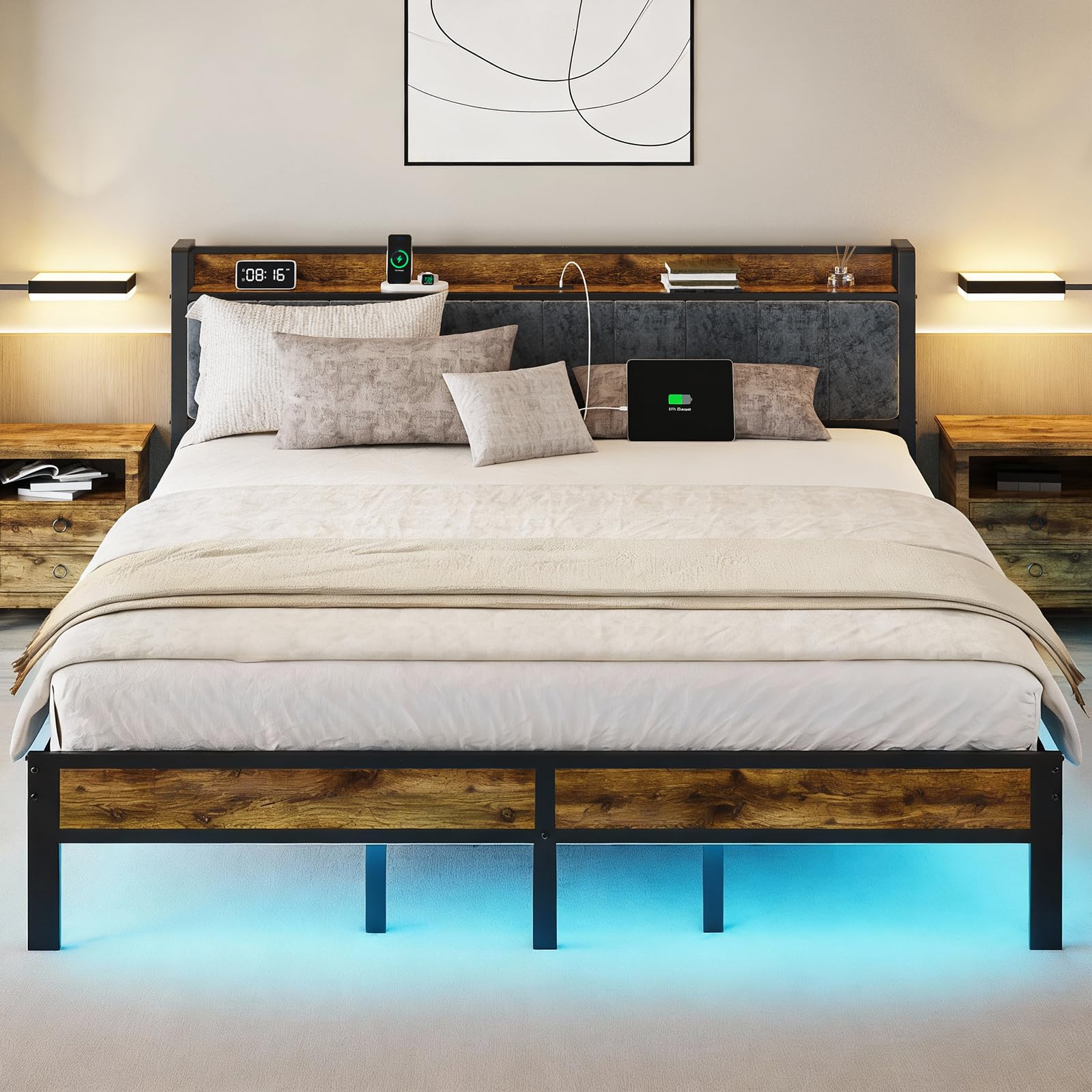 PROTEA King Size Bed Frame with LED Lights and Charging Station Storage Headboard Heavy Duty Metal Platform with