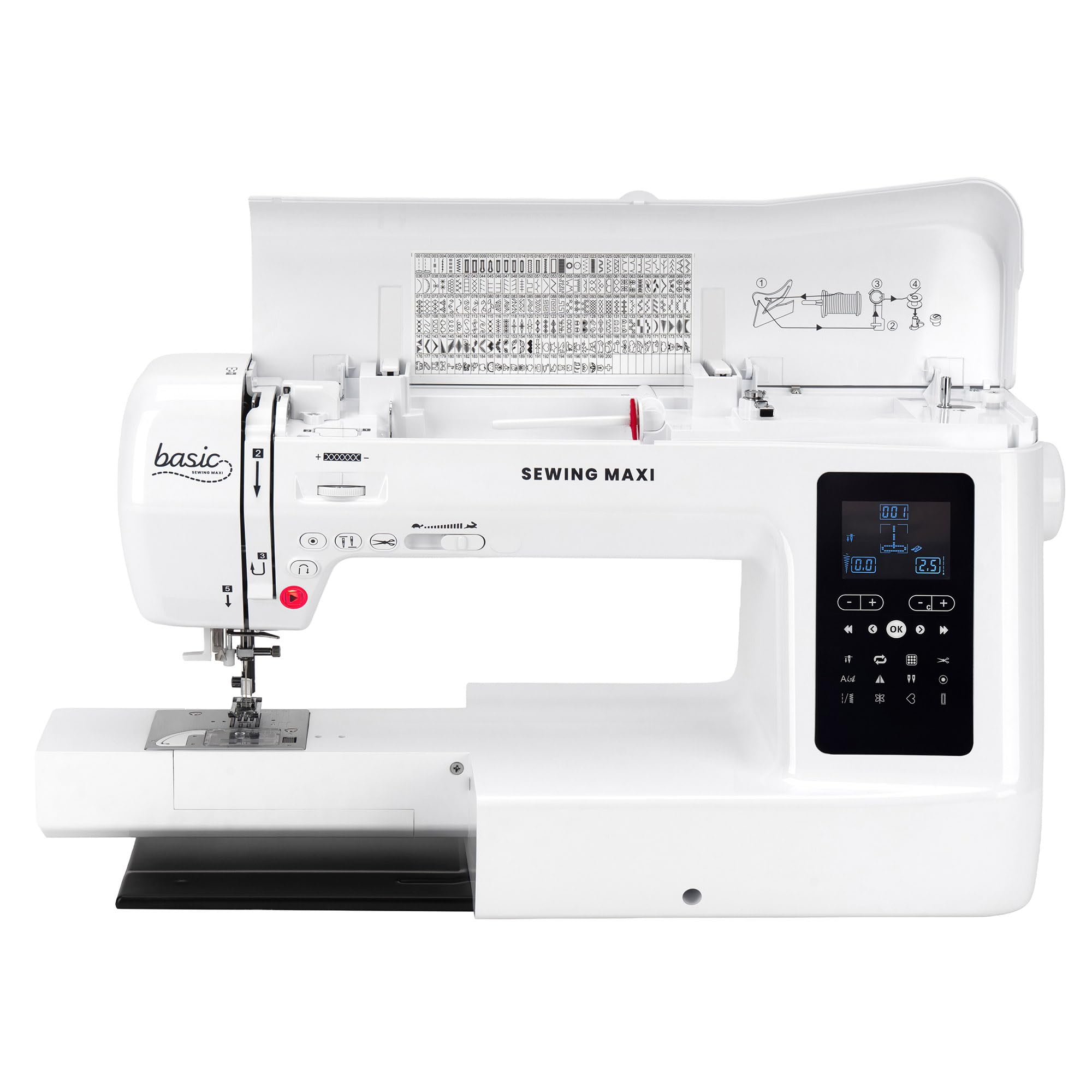 Nähwelt Flach Basic Sewing Maxi Computer-Nähmaschine – Langarm Nähmaschine mit 30 cm Durchlass, 200 Stichen, LCD-Display & Kniehebel, 1000 Stiche/Min