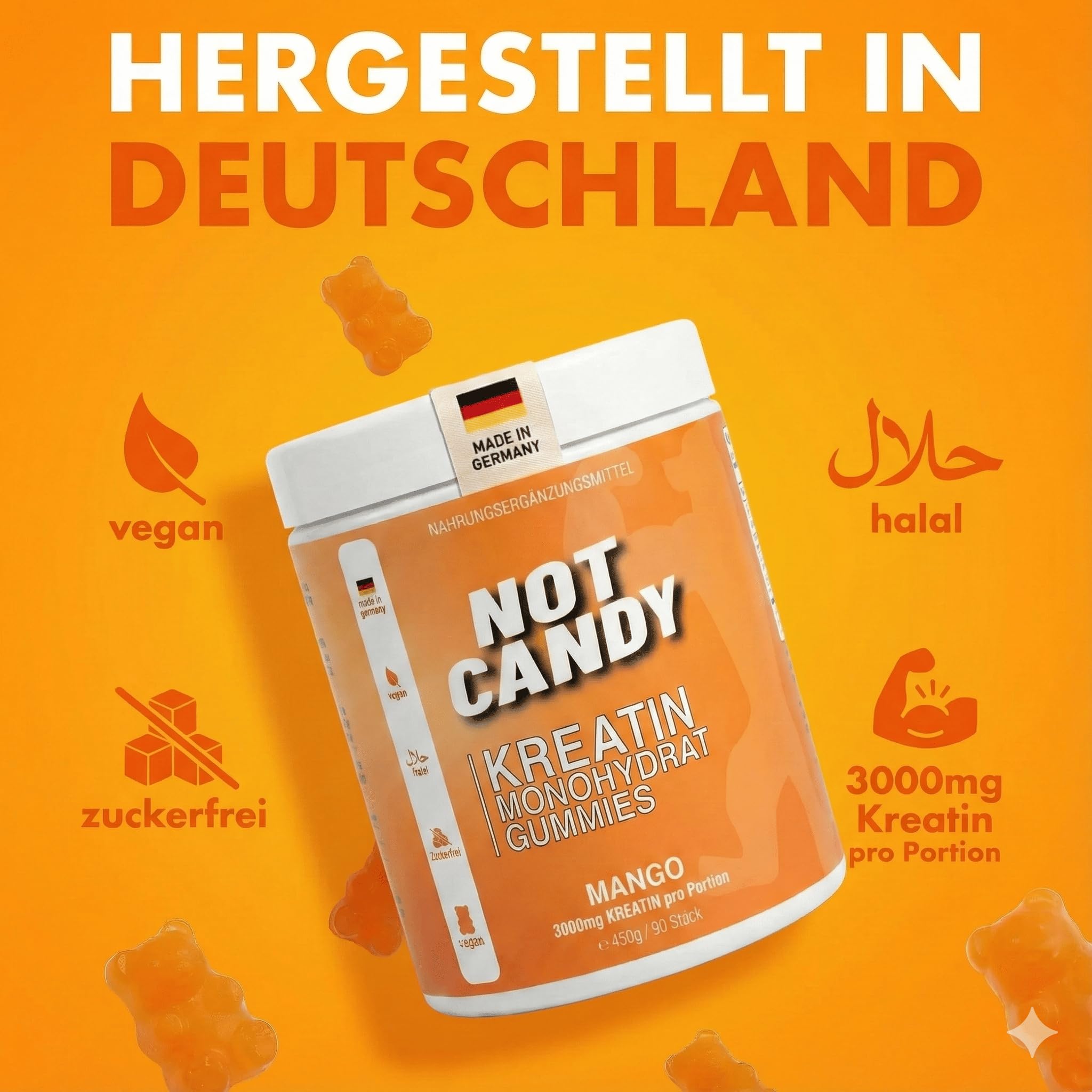 Kreatin Gummibärchen | 3000 mg Kreatin Monohydrat pro Tagesportion | Vegan & Halal | Fruchtige Gummies – Laborgeprüft | 90 Stück | Creatine Premium Qualität (4 Packung)