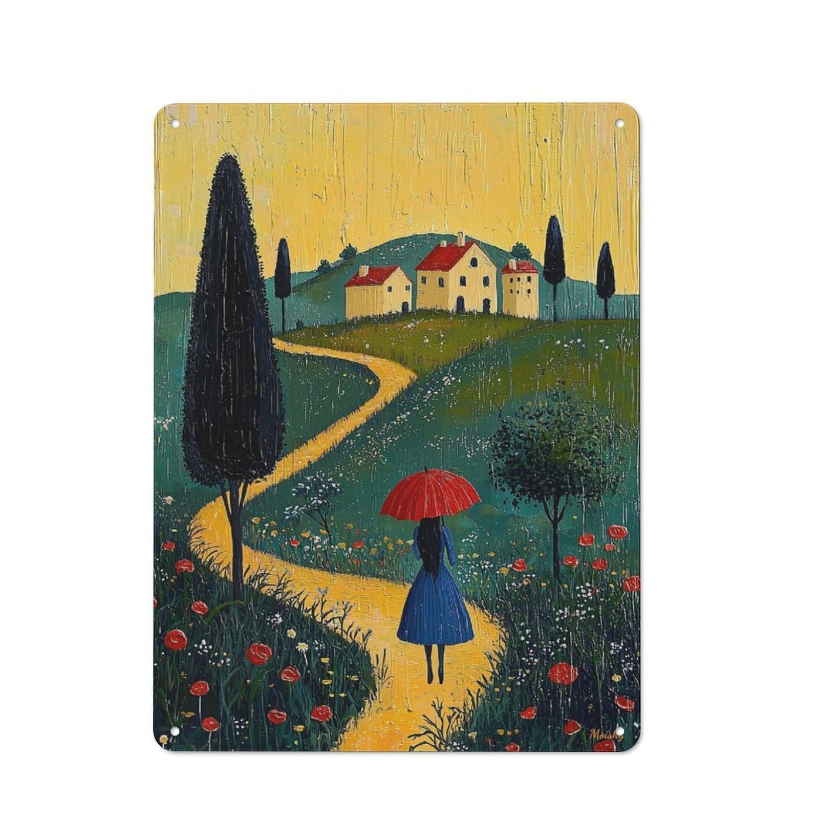 Junmoney Path To Home – Naïf Whimsical Journey Art Tin Sign With Design 40X30cm, Outdoor Room Porch Wall Decor For Greenhouse, Garden Room, Cafe Or Entryway