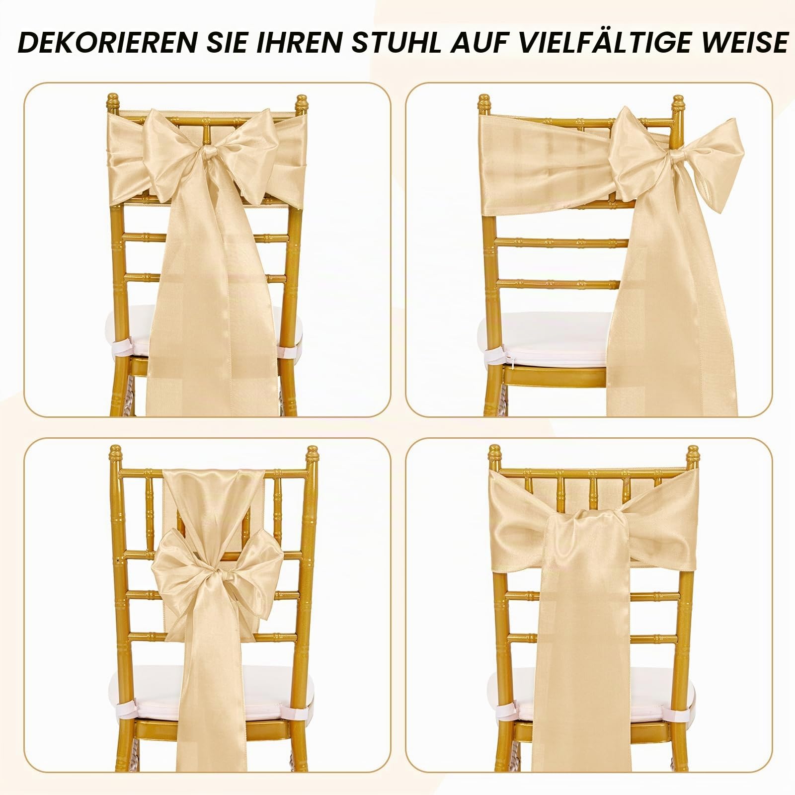 Pesonlook 100 Stück Champagner Gold Satin Stuhlschärpen Stuhl Dekorative Schleife Entworfene 17 x 275 cm Stuhlschärpen Schleife Krawattenband für Hochzeit Party Hoteldekoration (Champagner Gold)
