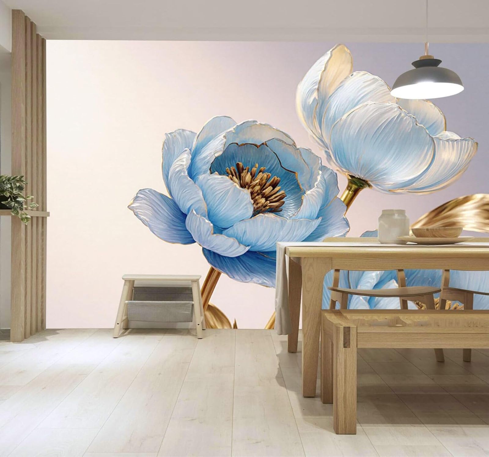 XLMING Blue Peony Golden Stem Elegant Petals 3D Wallpaper Premium Textured Silk Study Dining Living Room Bedroom Sofa TV Wall Easy Install-300cm×210cm