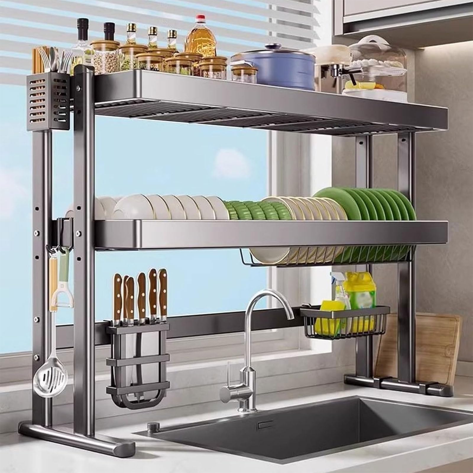 Escurridor de platos de doble nivel, ahorro de espacio, fregadero de cocina para platos, vasos y cubiertos, solución multifuncional de almacenamiento de platos