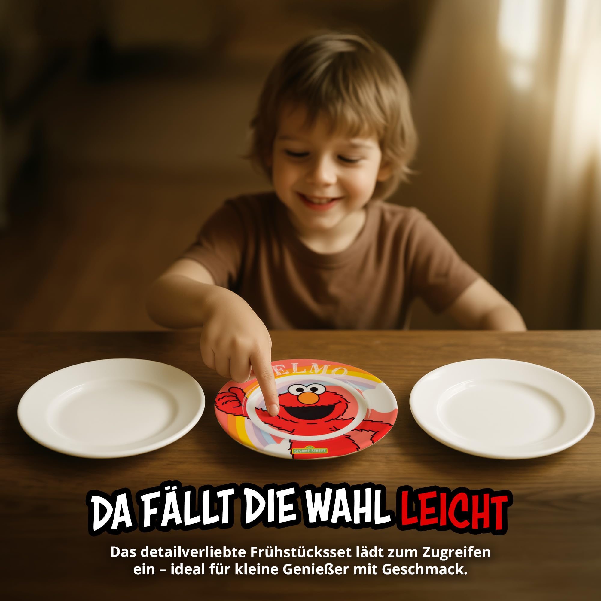 United Labels Elmo Frühstücksset Kinder, mit Elmo, Geschirr Set Porzellan, 3-teilig mit Teller, Schale und Tasse, spülmaschinenfest und mikrowellengeeignet