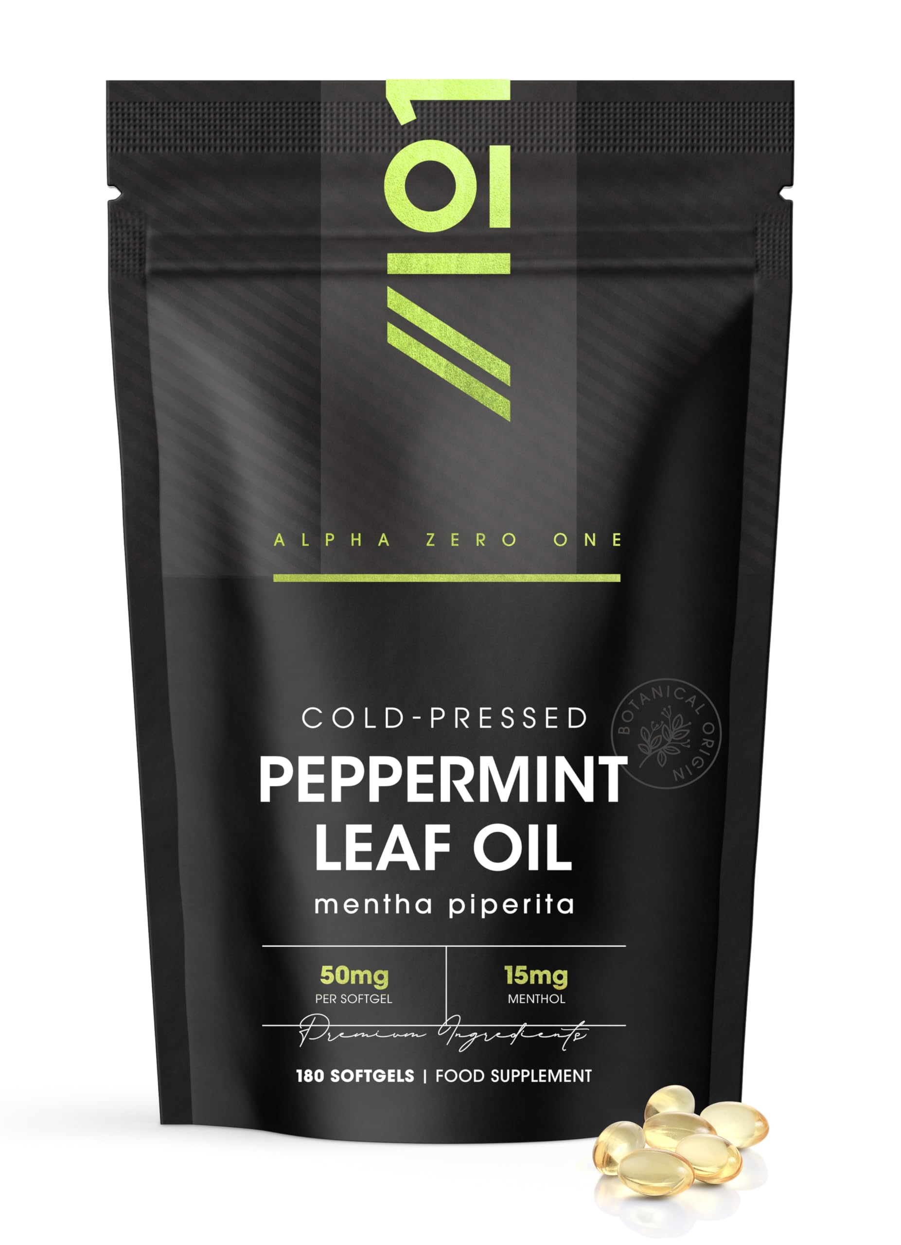 ALPHA01 Peppermint Leaf Oil Softgel - 50mg - FS Mentha Piperita - 180 Softgels - No Additives — Non-GMO, Halal, Gluten Free.