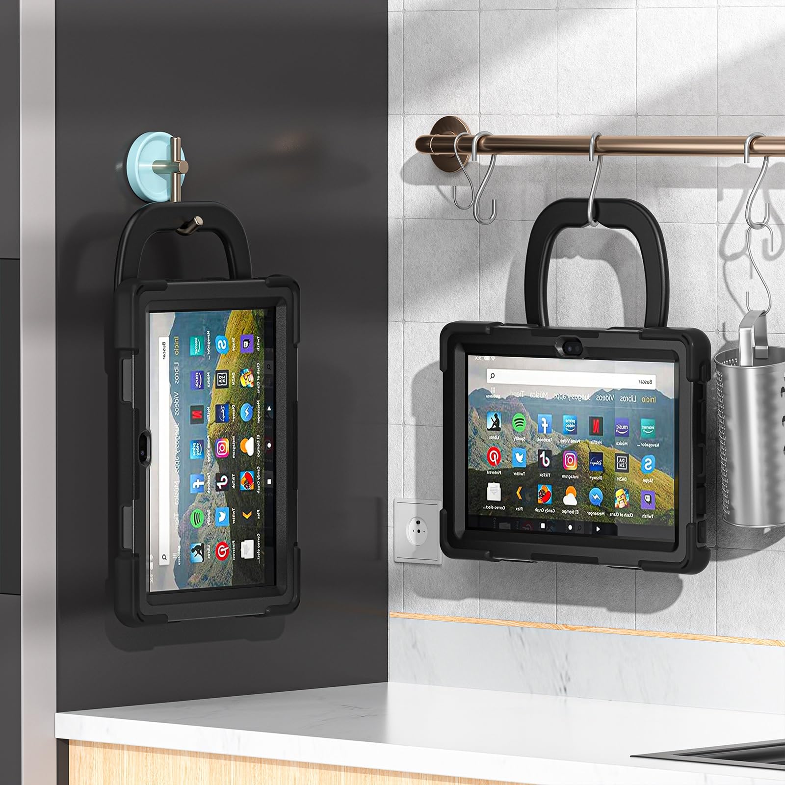 Etui do Kindle Fire HD 8 i Fire HD 8 Plus 2024/2022, tablet 12. generacji/10. generacji, odporne na wstrząsy, solidna obudowa z obrotową podpórką 360, paskiem na rękę/ramię (czarne)