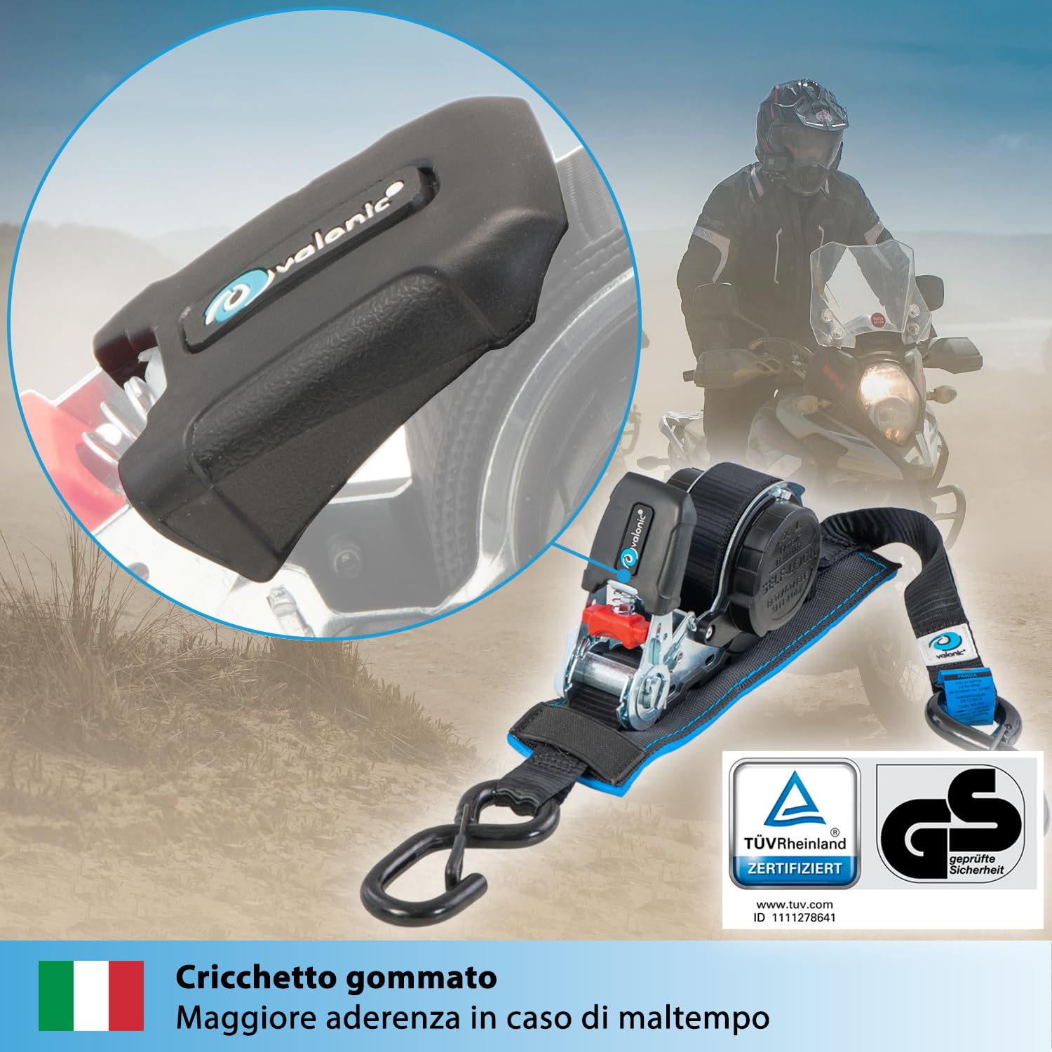 valonic PANDA - 2x 5m Cinghie di fissaggio automatiche con gancio a moschettone, 25mm, 300/600 Kg, imbottite, certificate TÜV Rheinl. e GS, EN 12195-2 - con cricchetto, nero