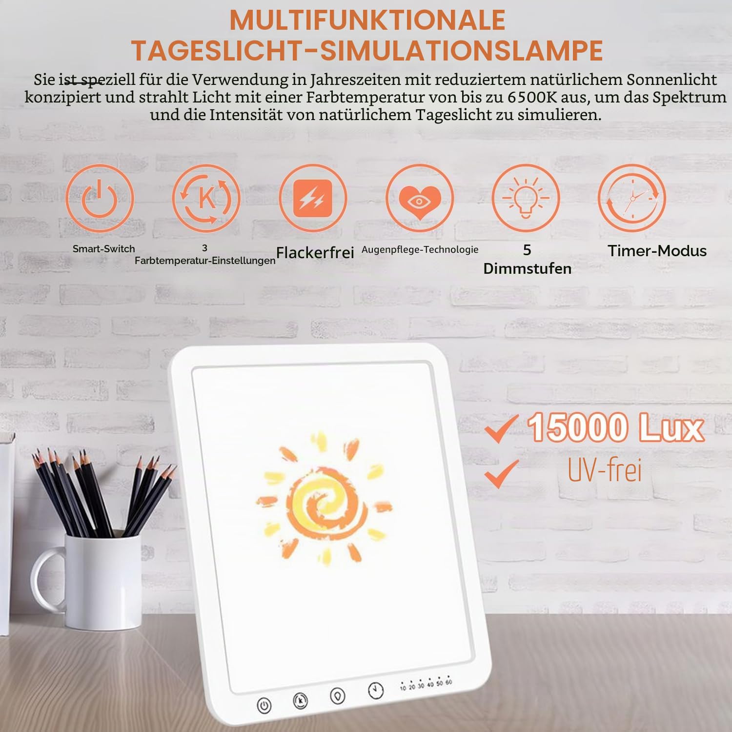Tageslichtlampe, 15000 Lux Lichttherapielampe mit 3-Farbtemperaturen, 5-Helligkeitsstufen und Timing-Funktion, UV-freie Touch-Control Sonnenlicht Lampe, Simuliertes Tageslicht, für Zuhause Büro | Flimmer- und UV-freie, 3-Farbtemperaturen 5-Helligkeitsstuf