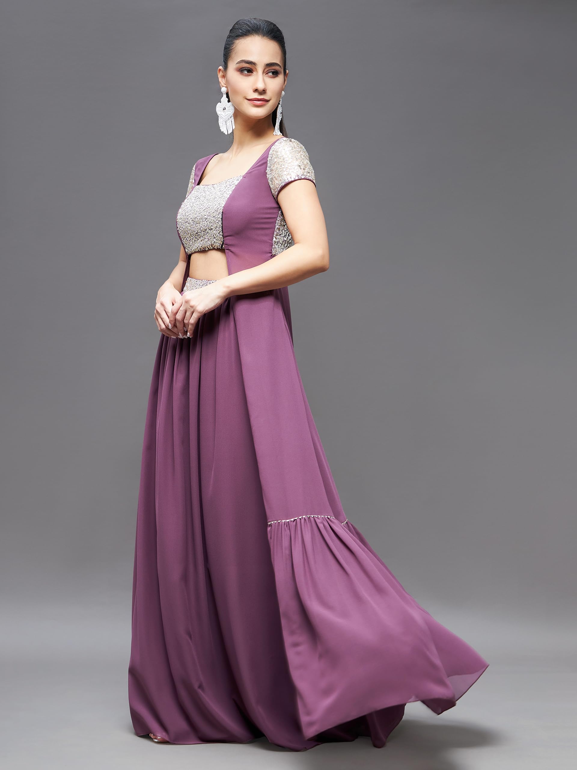 Miss Chase Women's Embellished Square Neck Short Sleeves Waist Band Pocketed Tiered Maxi Co-Ord Set With Pocket (Mcss23C01-06-271-03, Mauve, S)