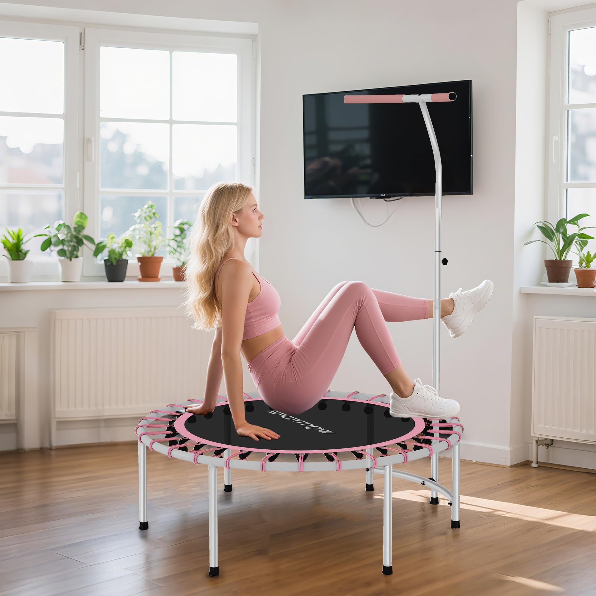 SPORTNOW Trampolín de Fitness Adultos Ø102 cm, Mini Cama Elástica Fitness con Mango Ajustable de 5 Niveles, Marco de Acero, para Entrenamiento Piernas, Cuerpo en Hogar, Oficina, Gimnasio, Rosa