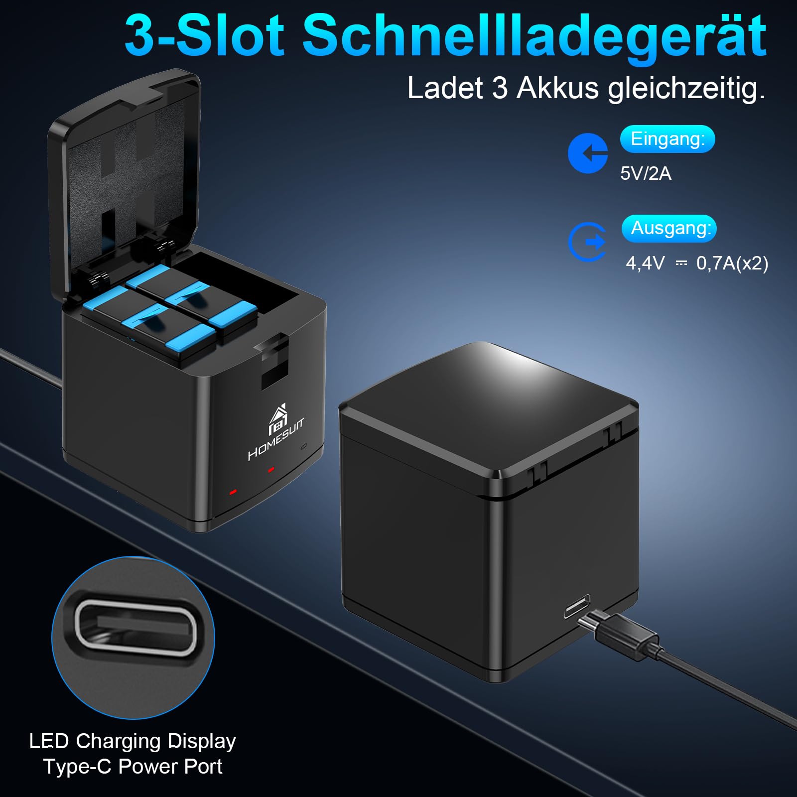 Homesuit Hero 12 11 10 9 akumulator 1800 mAh i 3-kanałowa ładowarka LED USB zestaw z typem C do GoproHero12Black, GoproHero11Black, GoproHero10Black, GoproHero9Black (2 sztuki)
