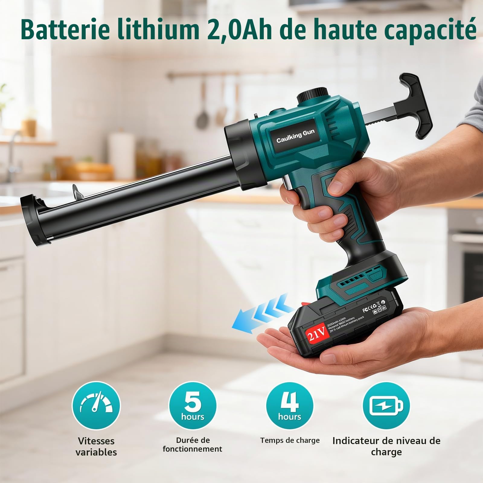 Pistolet à Cartouche Électrique sans Fil 300 ml avec Batterie 2000 mAh, Lumière LED, Vitesse Réglable, Bleu