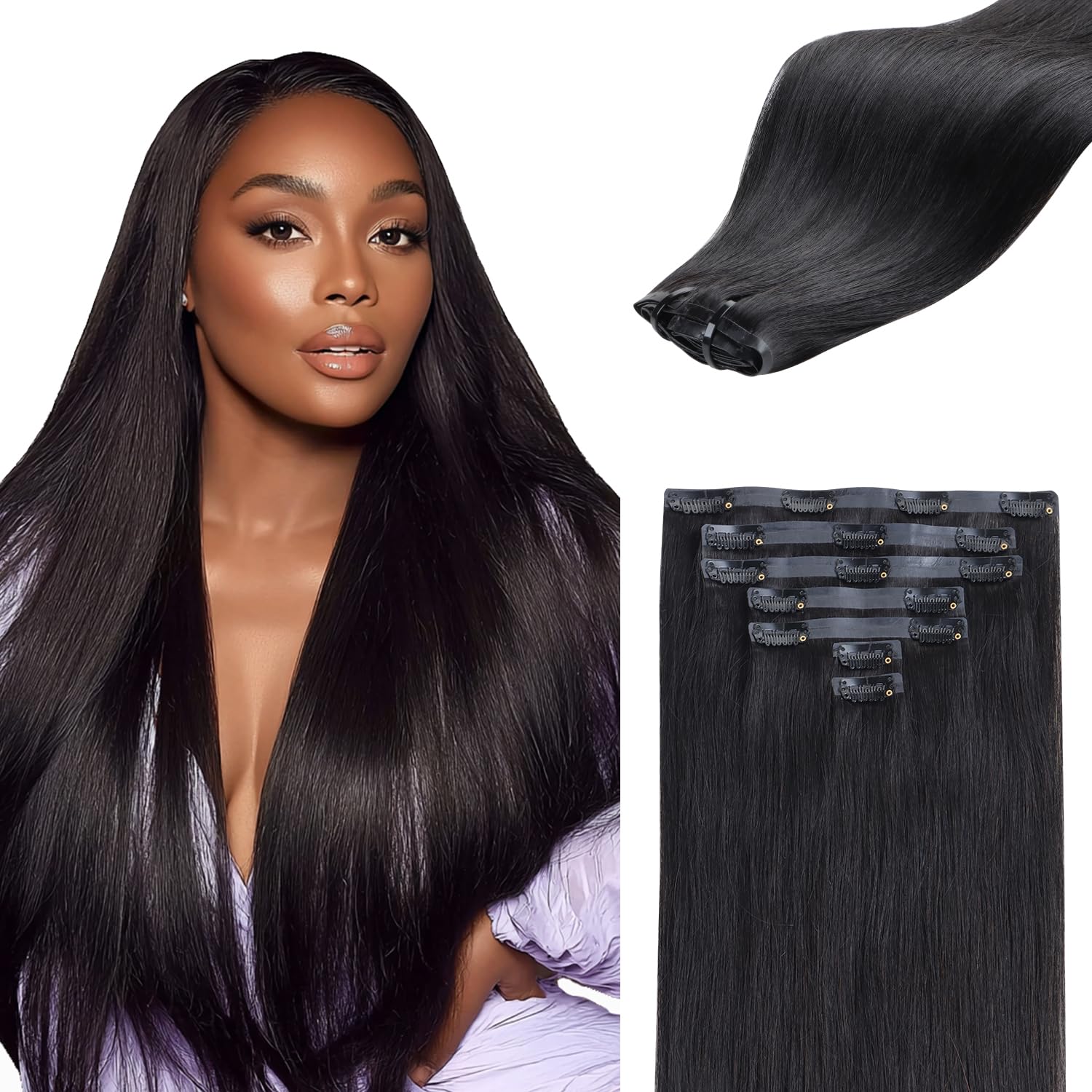 IDN BEAUTY Seamless Clip In Hair Extensions Human Hair, Straight 12 Inch 80g 7pcs Natural Black Real Virgin Human Hair Seamless Clip Ins For Black