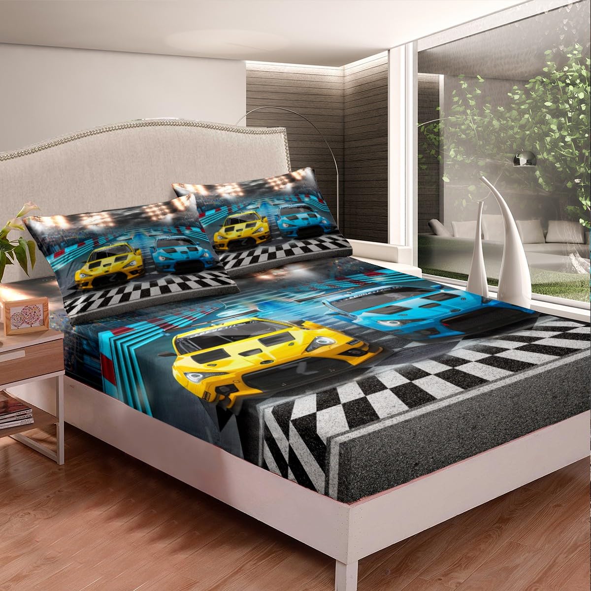 Feelyou Sports Car Bedding Set Extreme Sports Decor Bed Sheet Set for Kids Boys Yellow Blue Race Car Bed Sheets Cool Speed Racing Car Fitted Sheet Bedroom Collection 2Pcs Twin Size (No Flat Sheet)-image-46