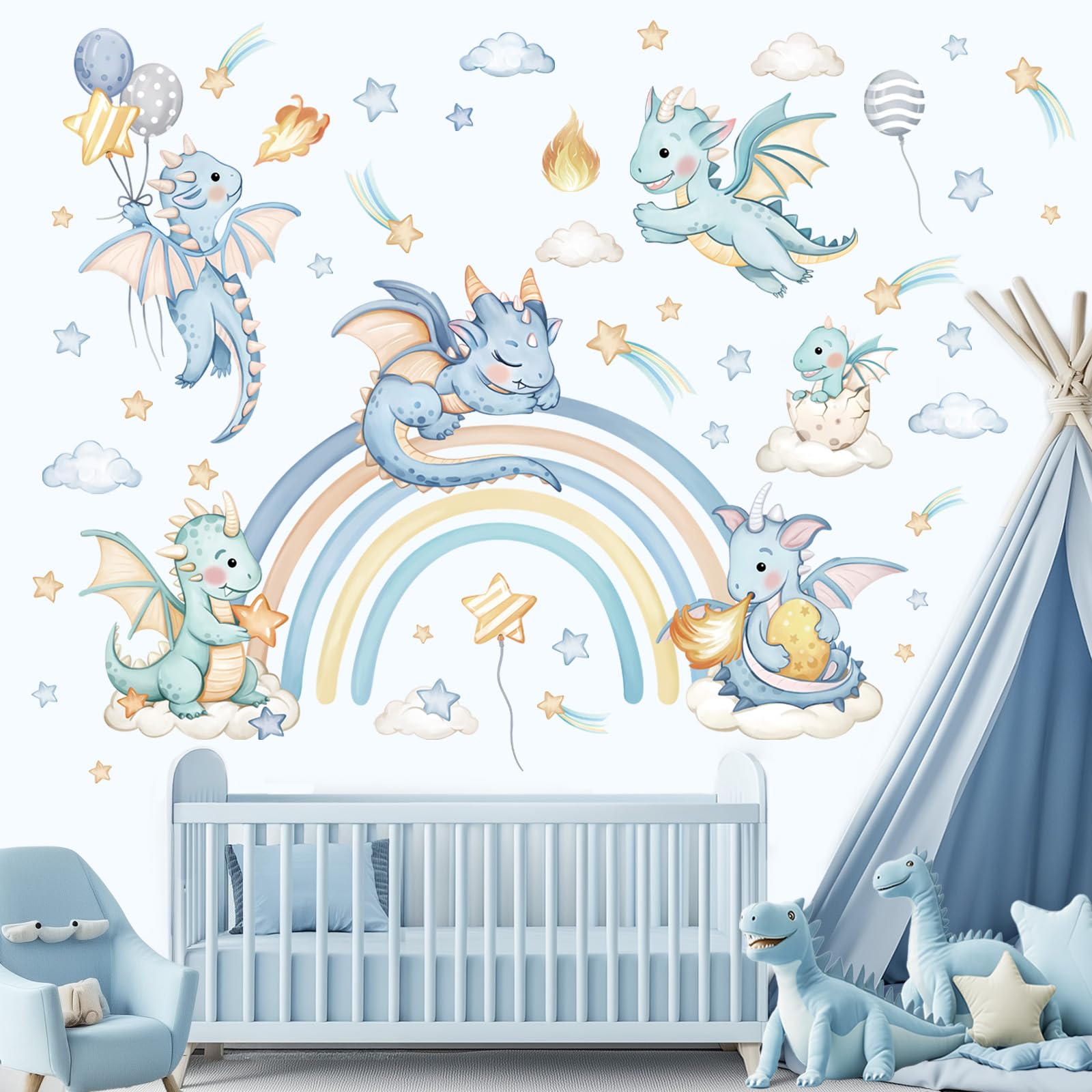 decalmile Baby Dragon Rainbow Wall Decals Blue Stars Balloon Clouds Wall Stickers Baby Boys Bedroom Kids Nursery Wall Decor