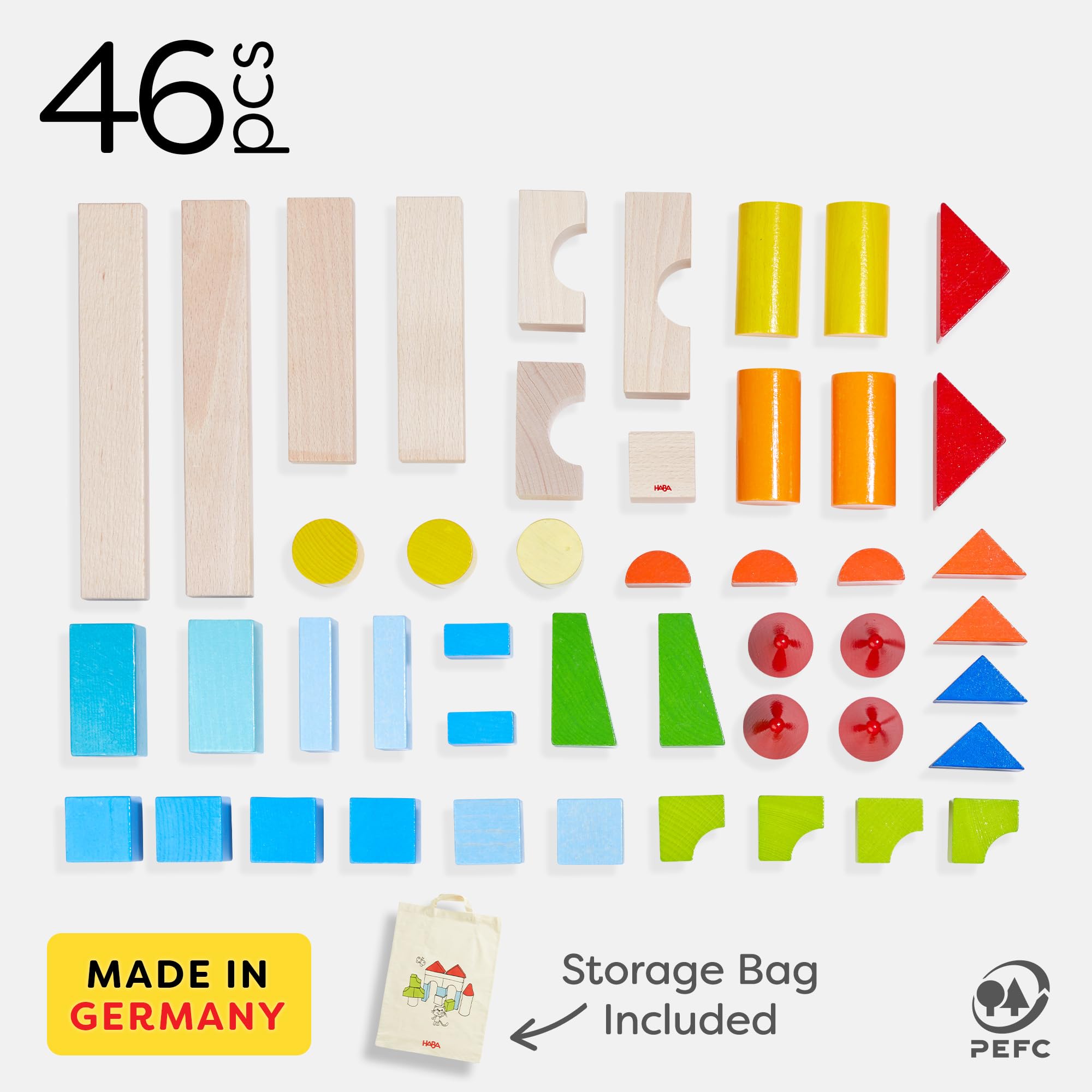 HABA Mis Primeros Bloques de construcción – 46 Bloques de Madera de Colores con Bolsa de algodón – Fabricado en Alemania – para niños a Partir de 1 año – Promueve la motricidad Fina – 2010877001